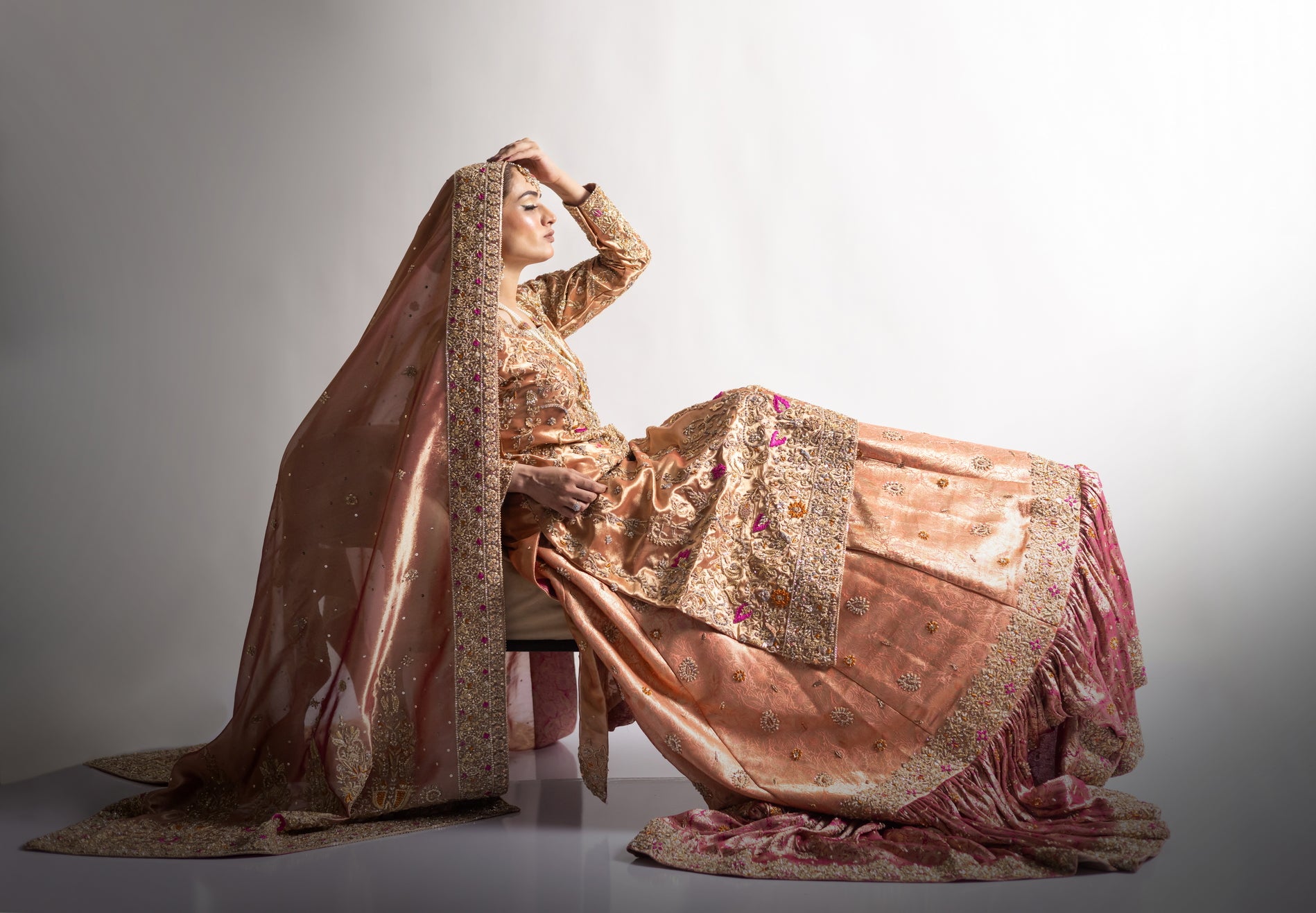 Afsheen Peach Gold & Magenta Pink Tissue Silk Pishwas with Jamawar Gharara and Tissue Dupatta