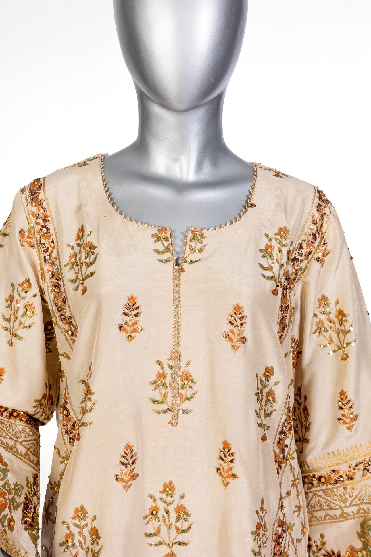 Elisa MariamRaj formal silk shalwar kameez in Korean silk with hand embroidery, block print, and organza dupatta for dinner parties and elegant events