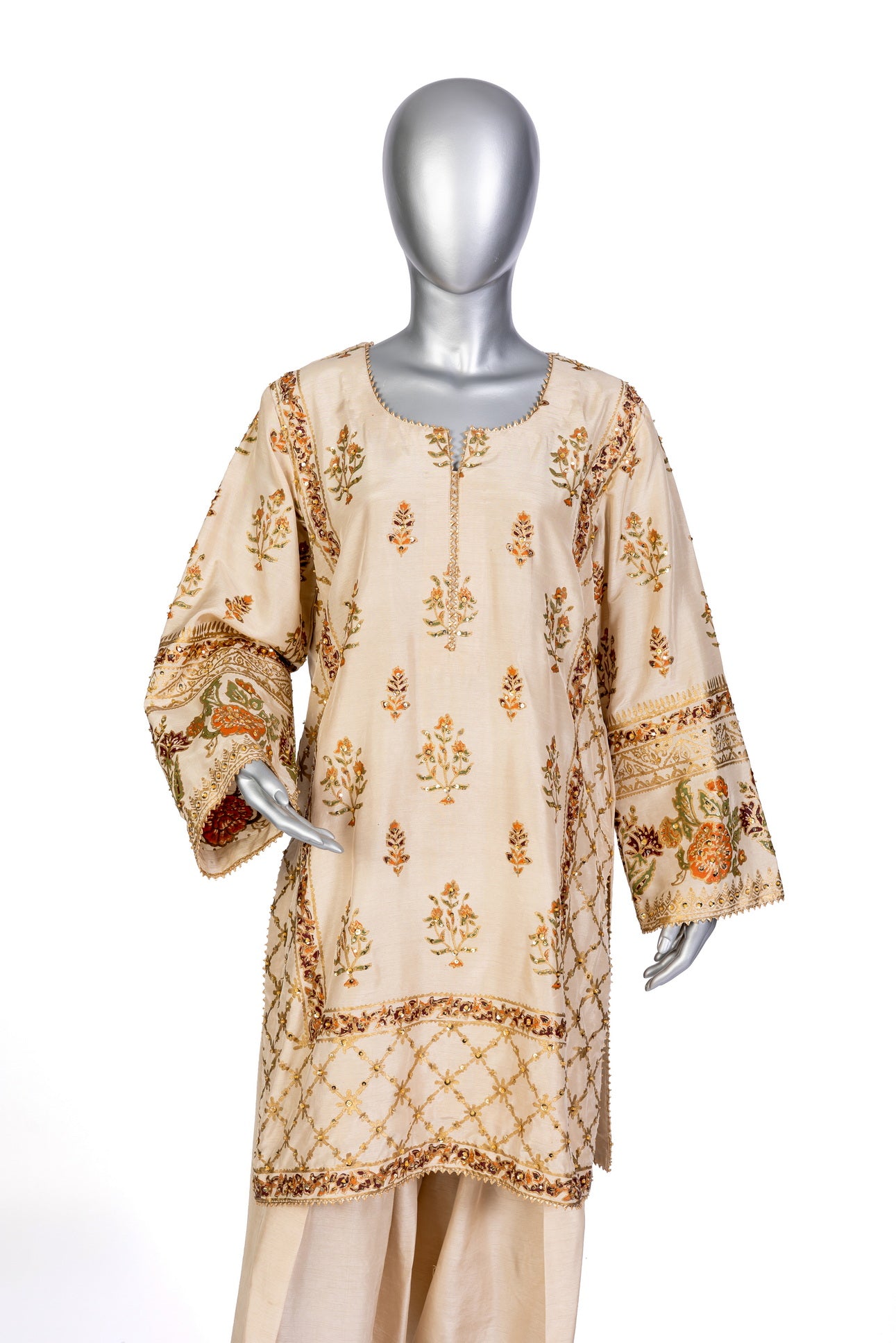 Elisa MariamRaj formal silk shalwar kameez in Korean silk with hand embroidery, block print, and organza dupatta for dinner parties and elegant events