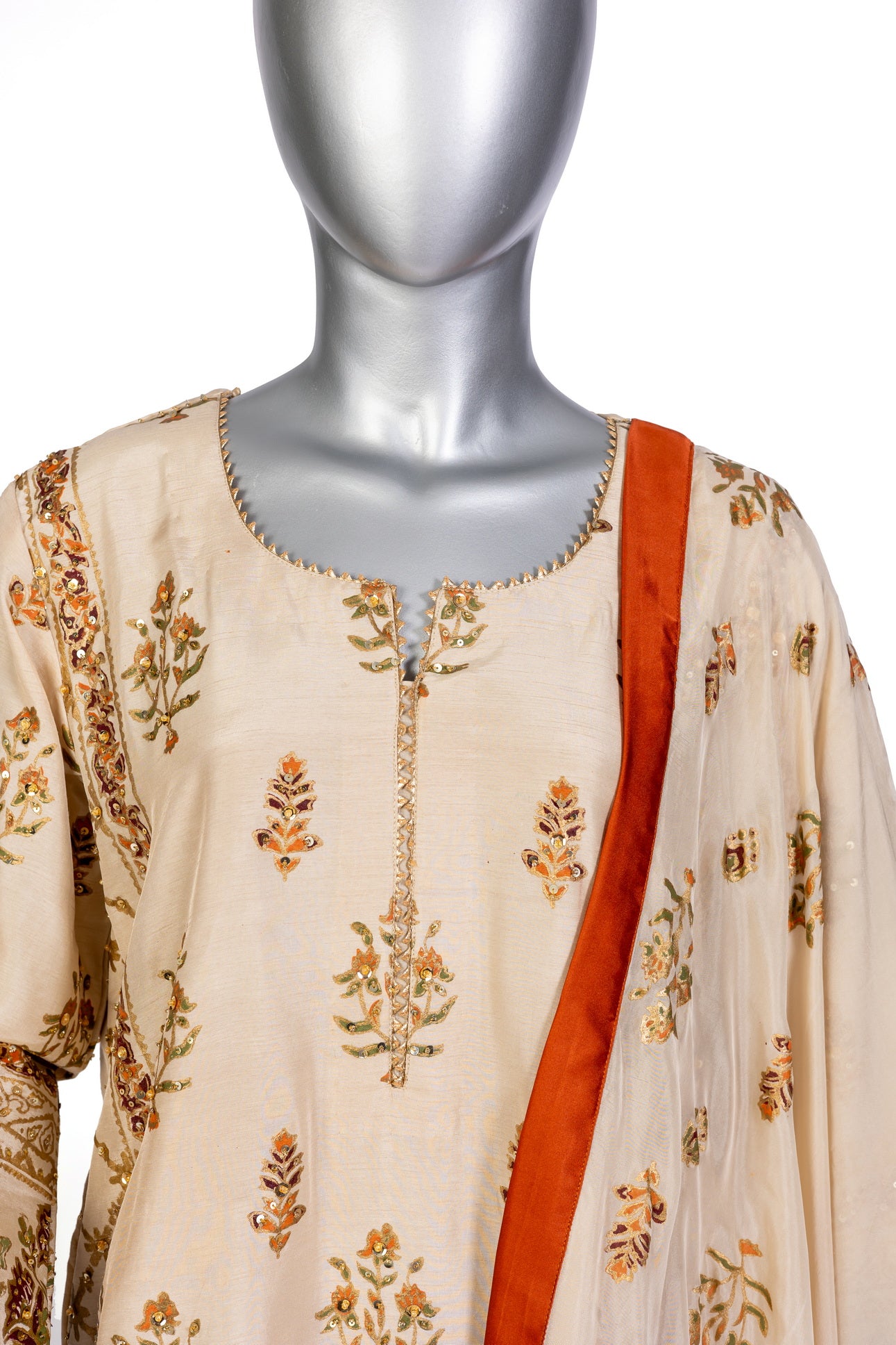 Elisa MariamRaj formal silk shalwar kameez in Korean silk with hand embroidery, block print, and organza dupatta for dinner parties and elegant events