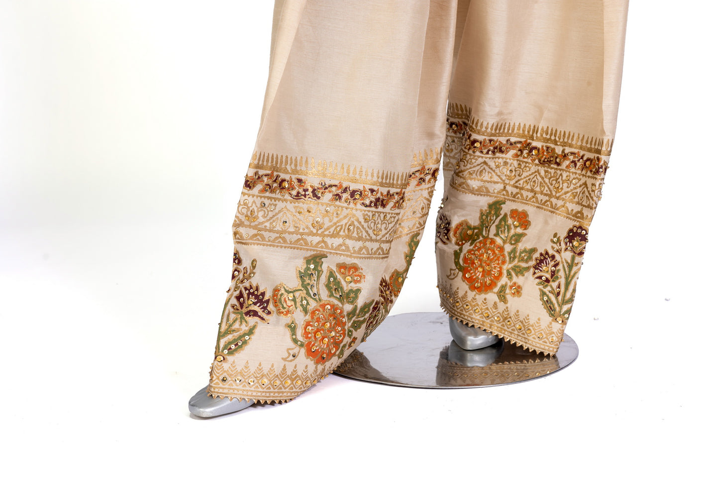Elisa MariamRaj formal silk shalwar kameez in Korean silk with hand embroidery, block print, and organza dupatta for dinner parties and elegant events
