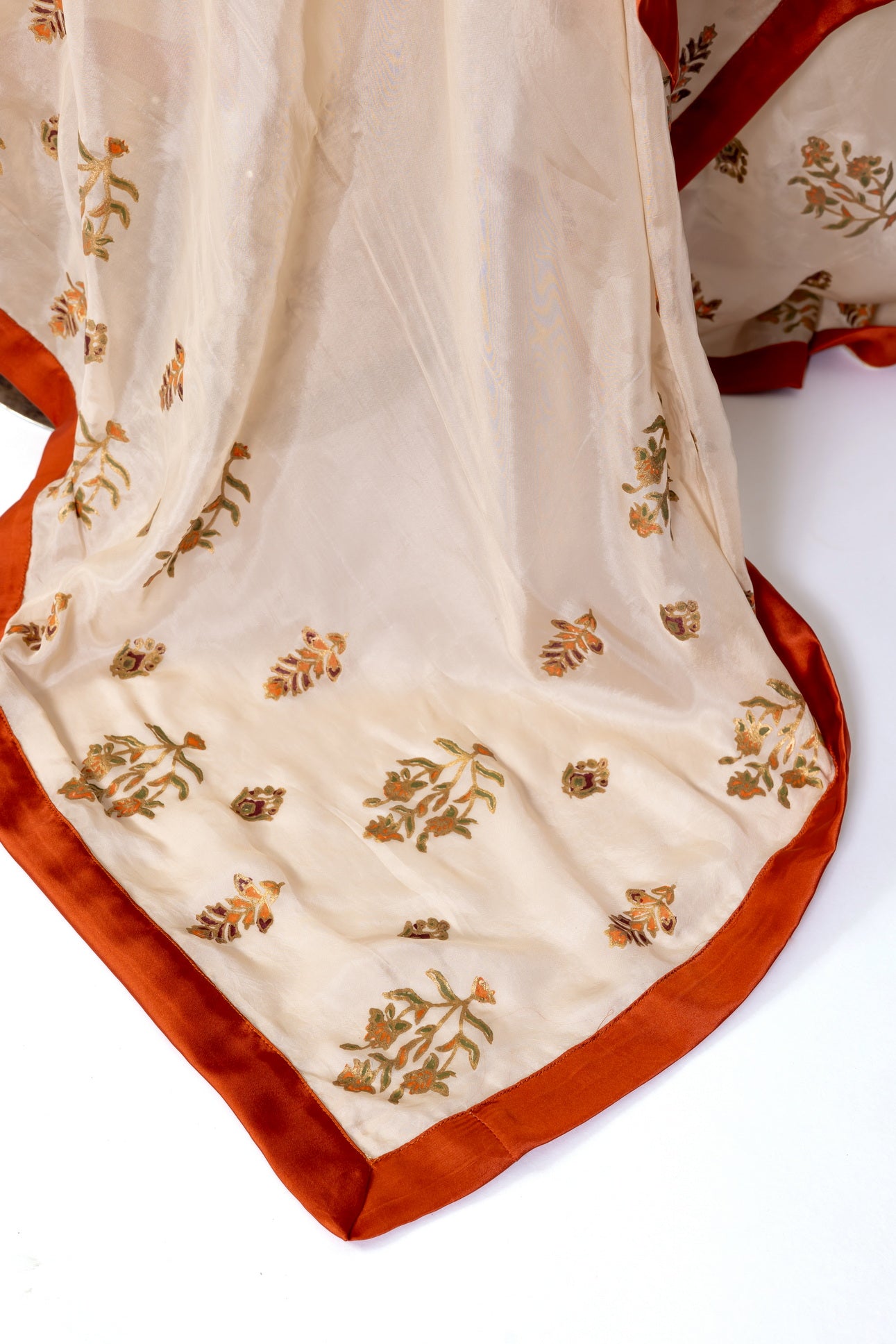 Elisa MariamRaj formal silk shalwar kameez in Korean silk with hand embroidery, block print, and organza dupatta for dinner parties and elegant events