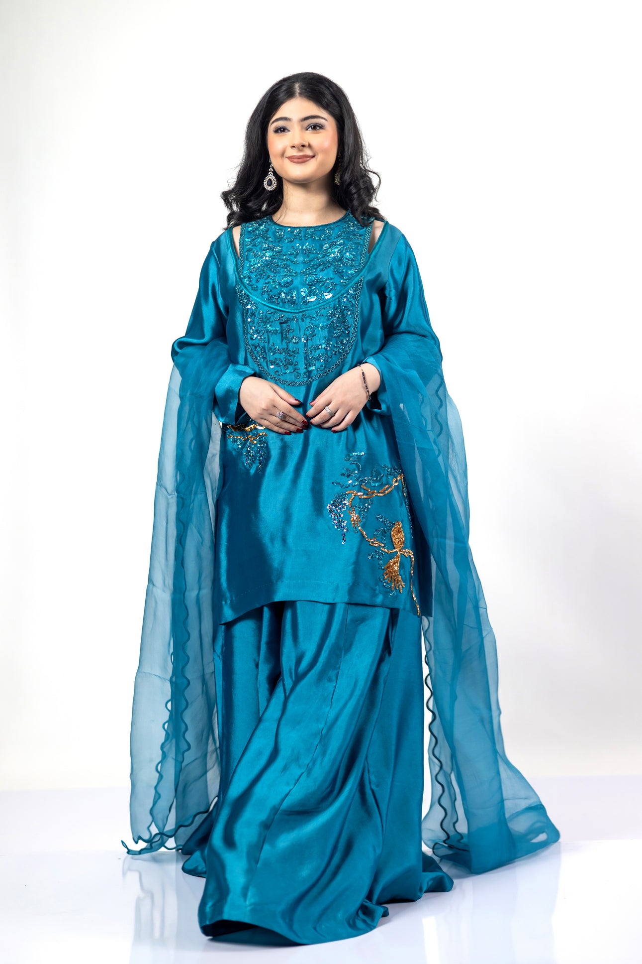 Faryal Teal Silk Sharara Set with Organza Dupatta by MariamRaj for evening events