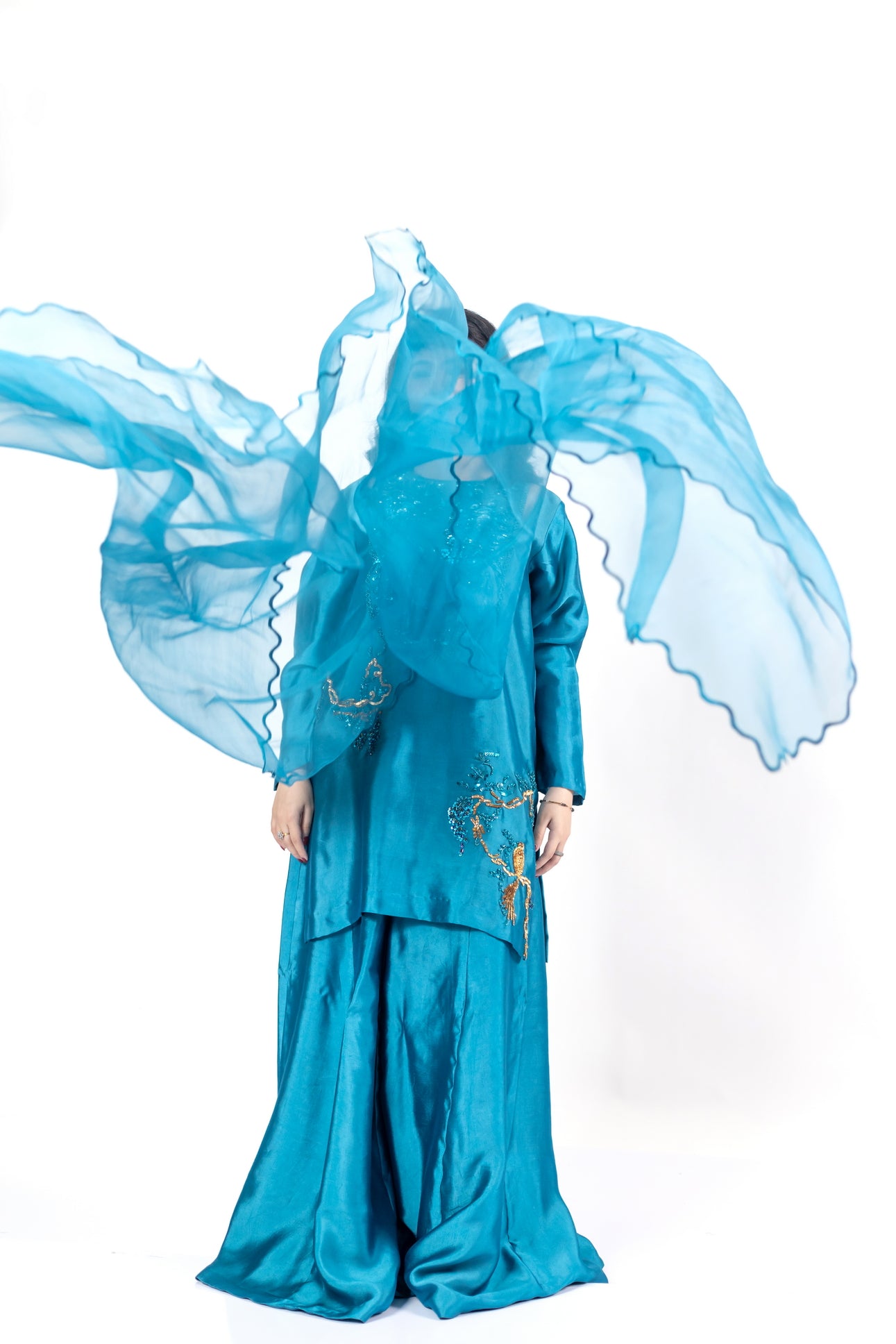 Faryal Teal Silk Sharara Set with Organza Dupatta by MariamRaj for evening events