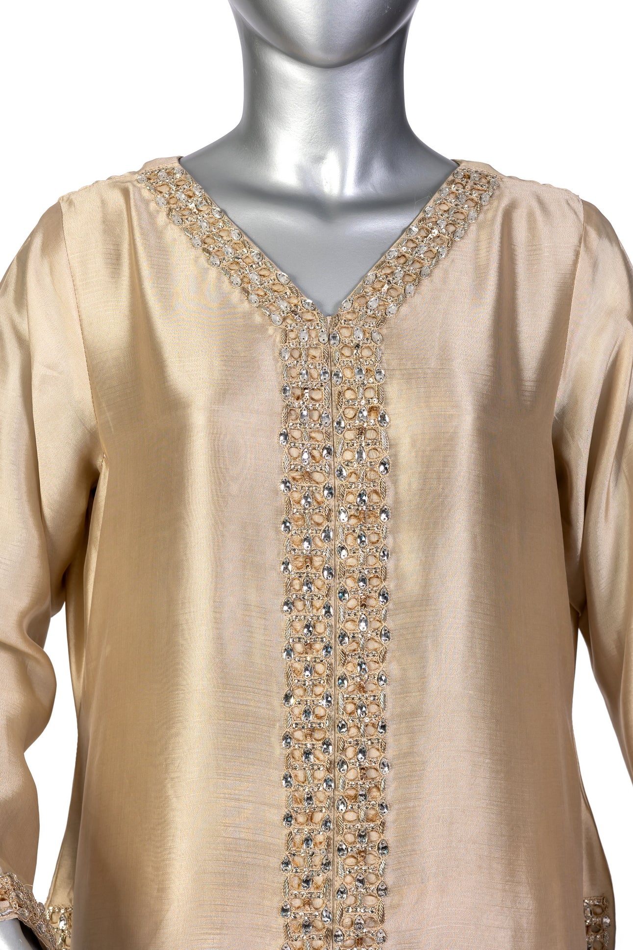 Kavia Gold Designer Wedding Outfit Sheesha Silk Shirt Straight Pants Organza Dupatta Resham Handwork MariamRaj