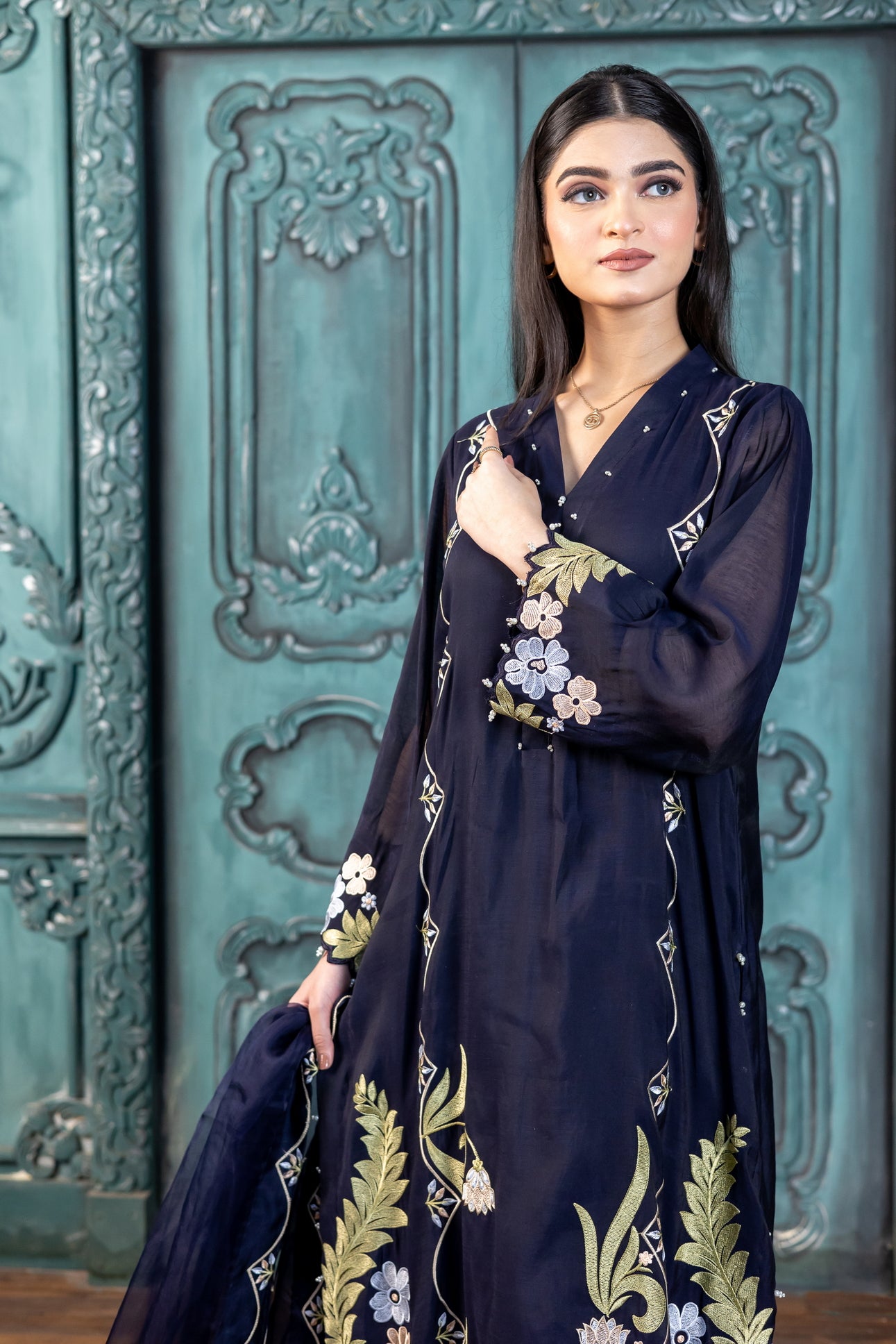 Buy stitched navy embroidered 3PC Pakistani outfit MariamRaj