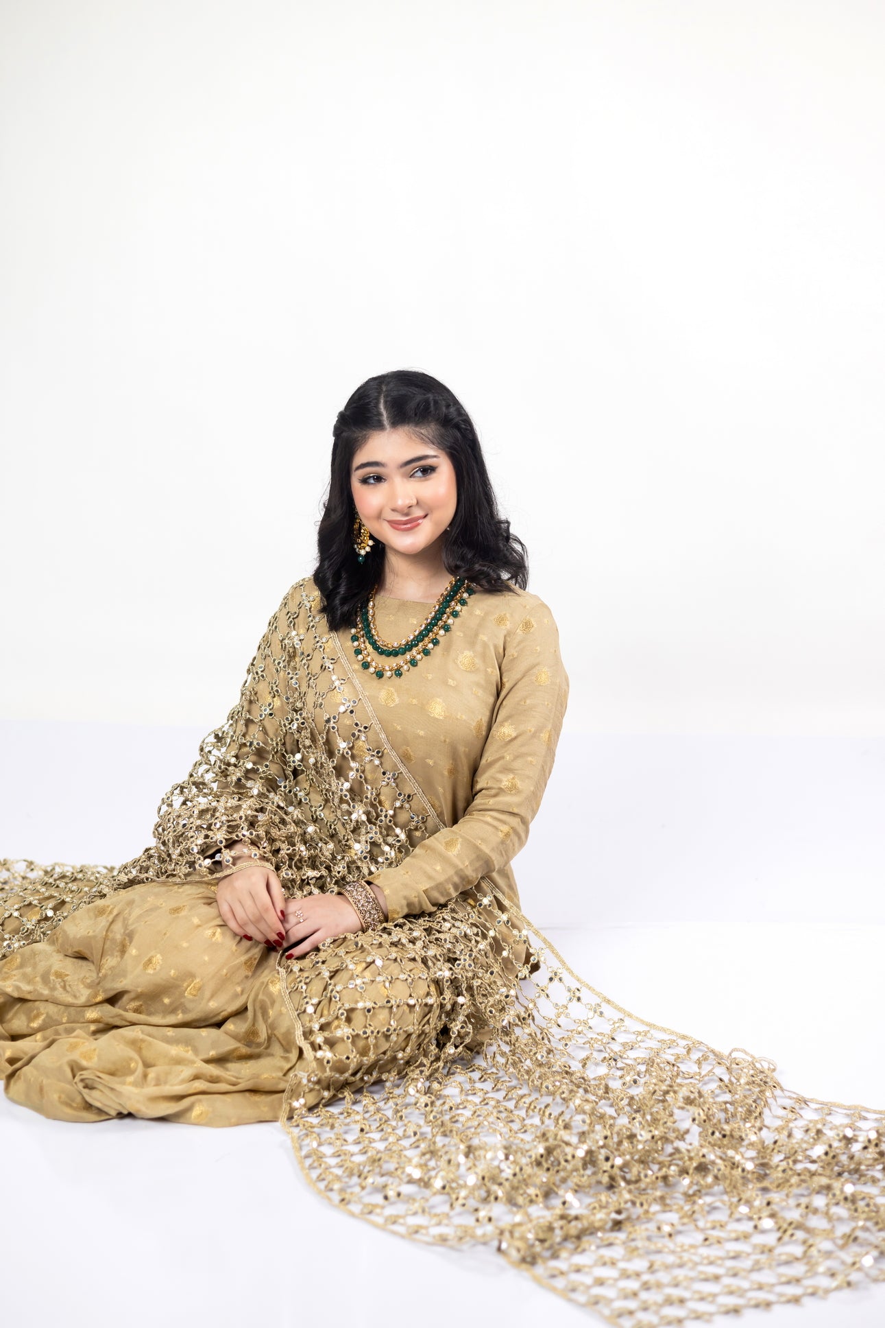 MariamRaj Gold Designer Frock & Gharara Bridal Set with Pushida Dupatta
