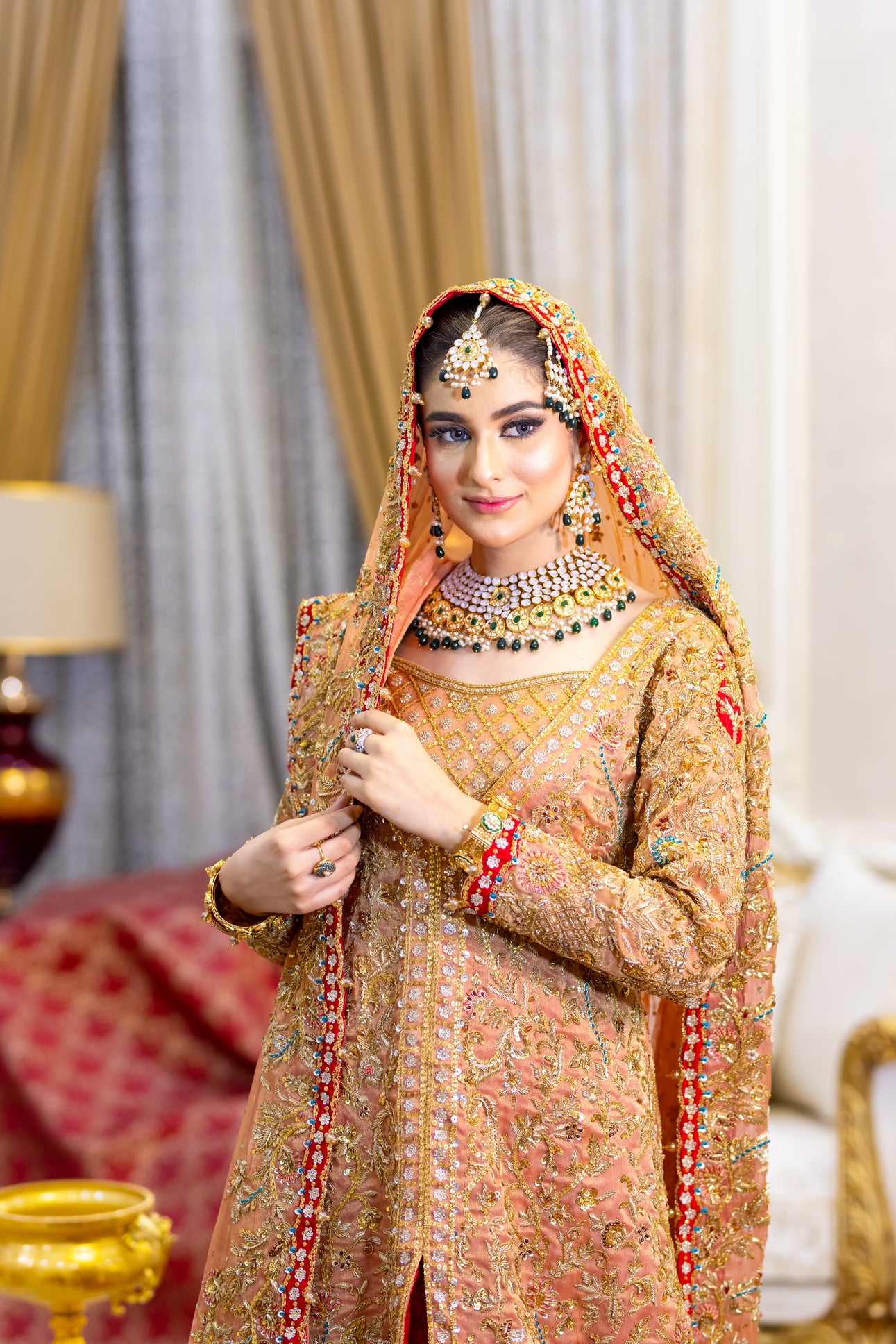 Traditional Pakistani peach gown with banarsi farshi gharara and chiffon dupatta – formal wedding outfit for women in the UK