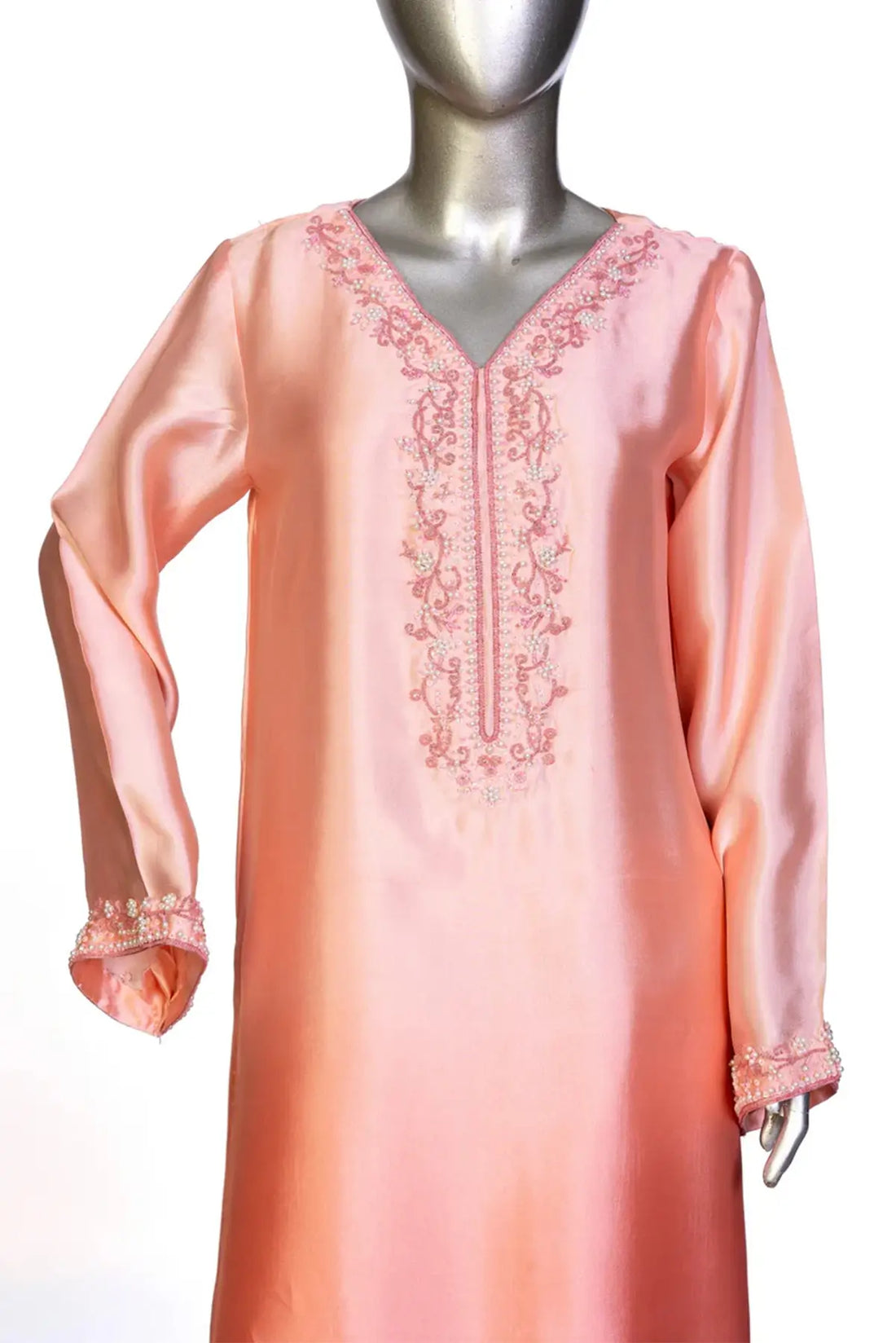 Aabroo– Peach Pink Sheesha Silk Suit with Hand Embroidery