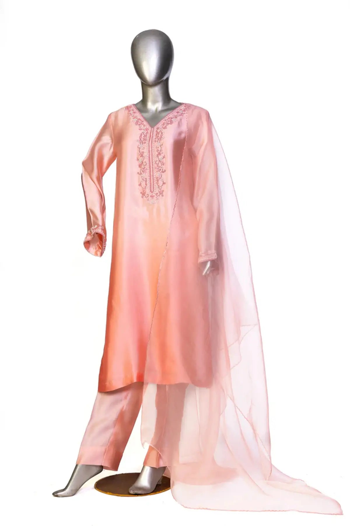 Aabroo– Peach Pink Sheesha Silk Suit with Hand Embroidery