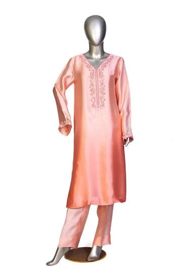 Aabroo– Peach Pink Sheesha Silk Suit with Hand Embroidery