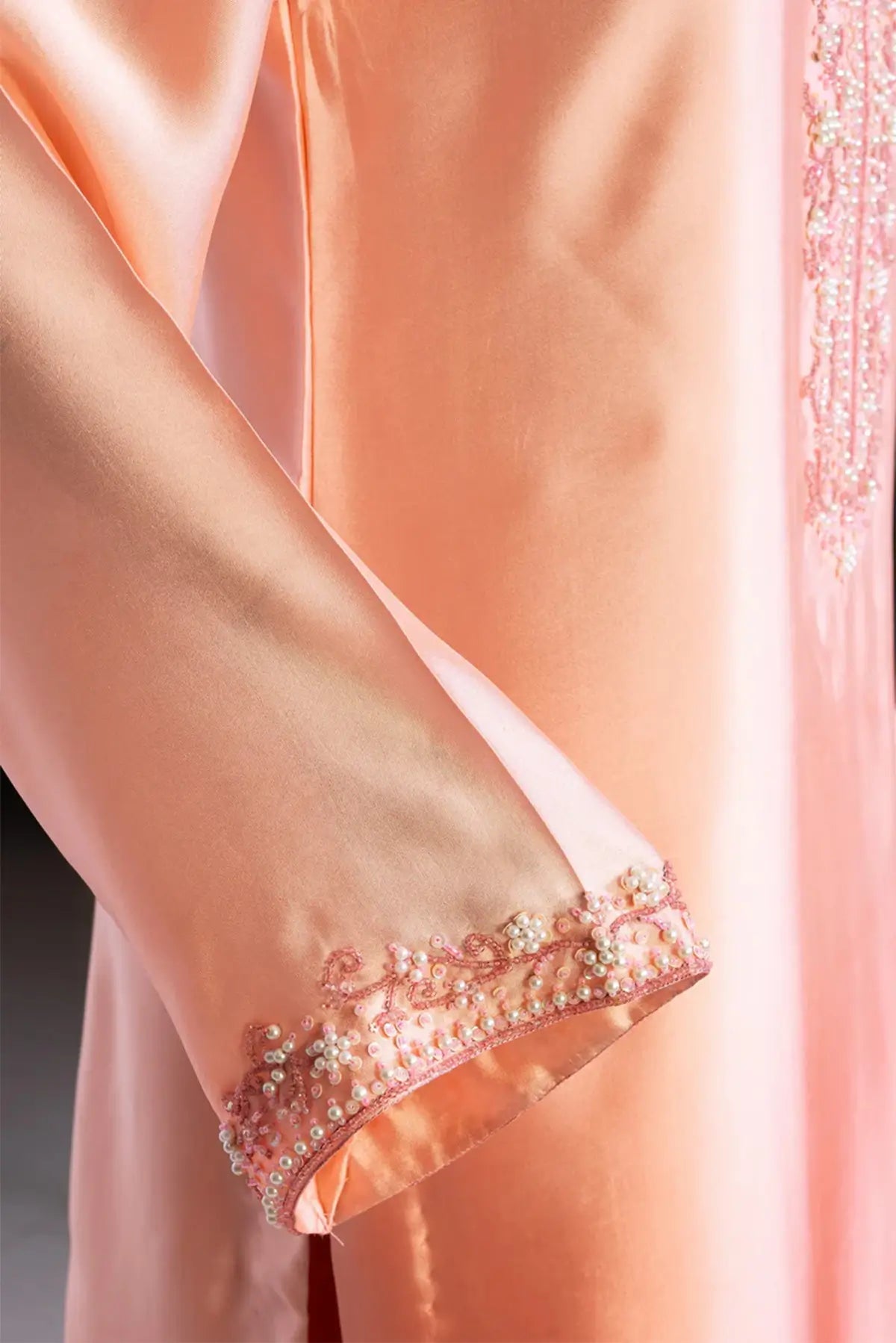 Aabroo– Peach Pink Sheesha Silk Suit with Hand Embroidery