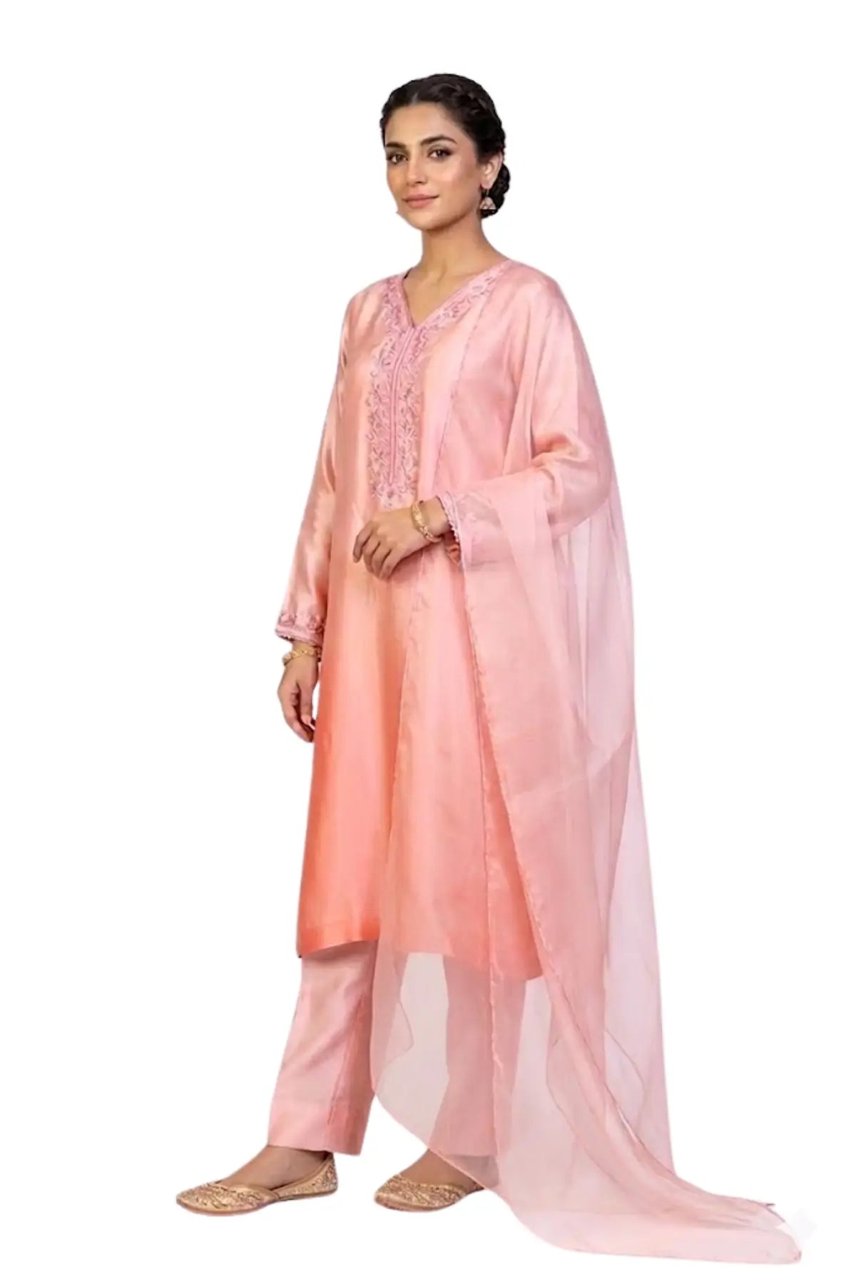 Aabroo– Peach Pink Sheesha Silk Suit with Hand Embroidery