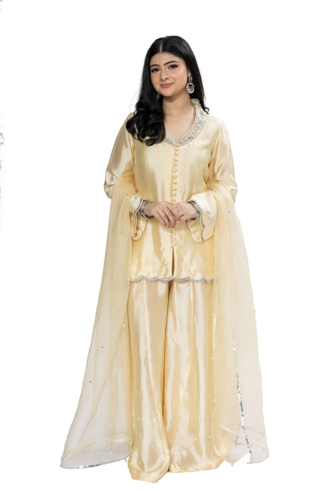 Aarohi gold Sheesha silk stitched 3PC suit with handwork and organza dupatta from Soroya by MariamRaj
