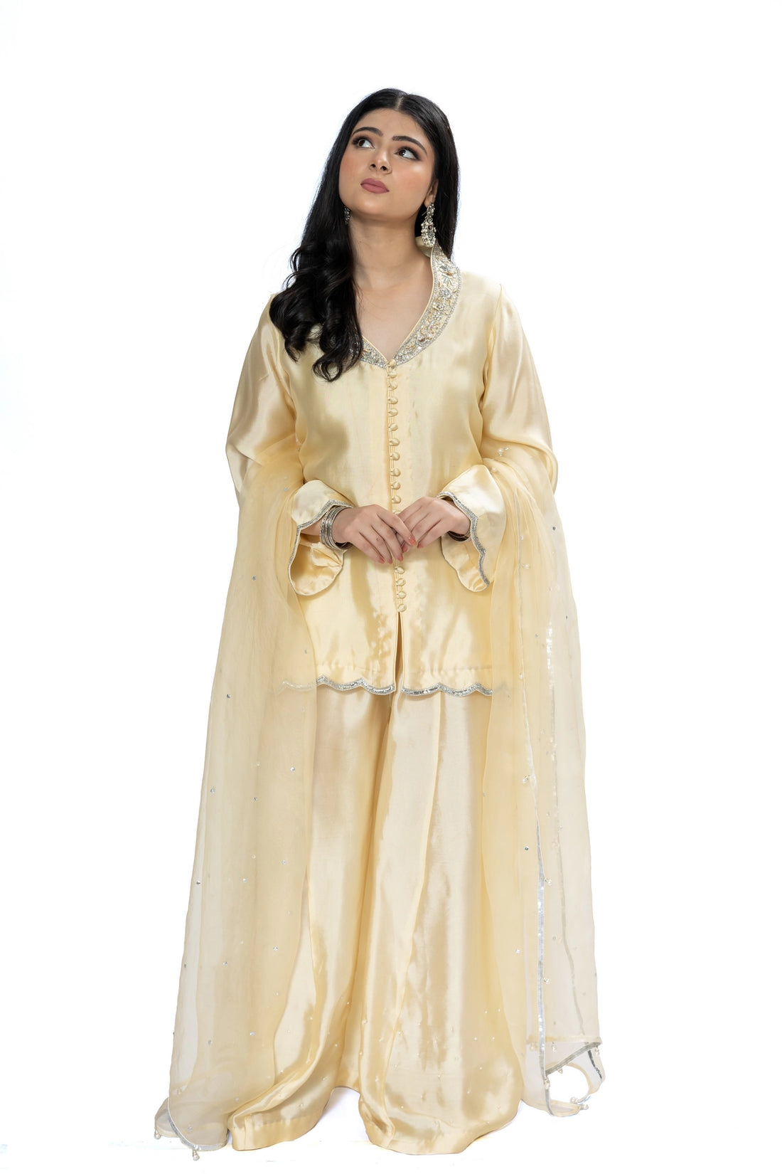 Aarohi gold Sheesha silk stitched 3PC suit with handwork and organza dupatta from Soroya by MariamRaj