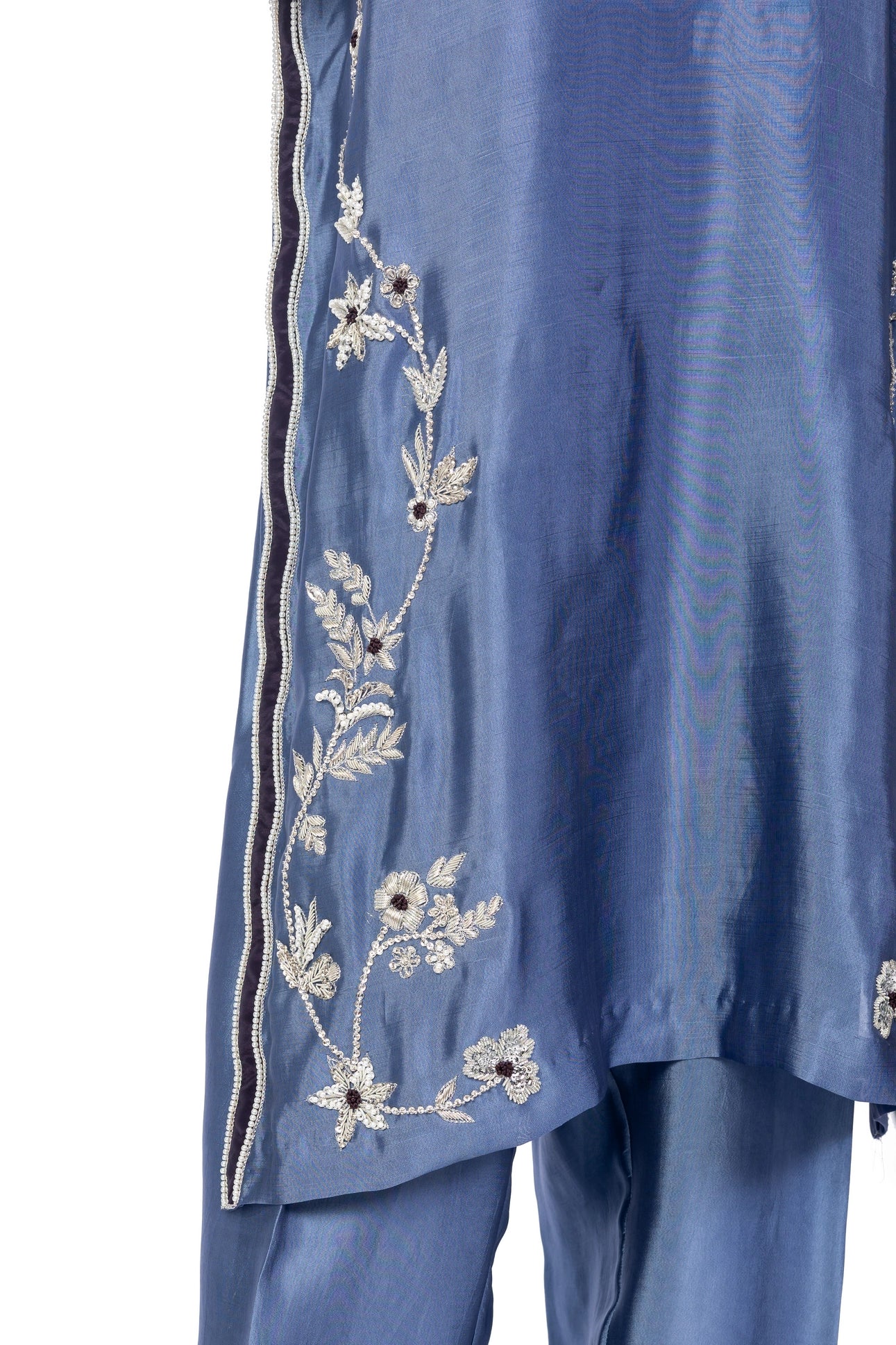 Abeera – Steel Blue Sheesha Silk embroidered suit with medium silk dupatta & straight trousers by MariamRaj. Perfect festive wear.