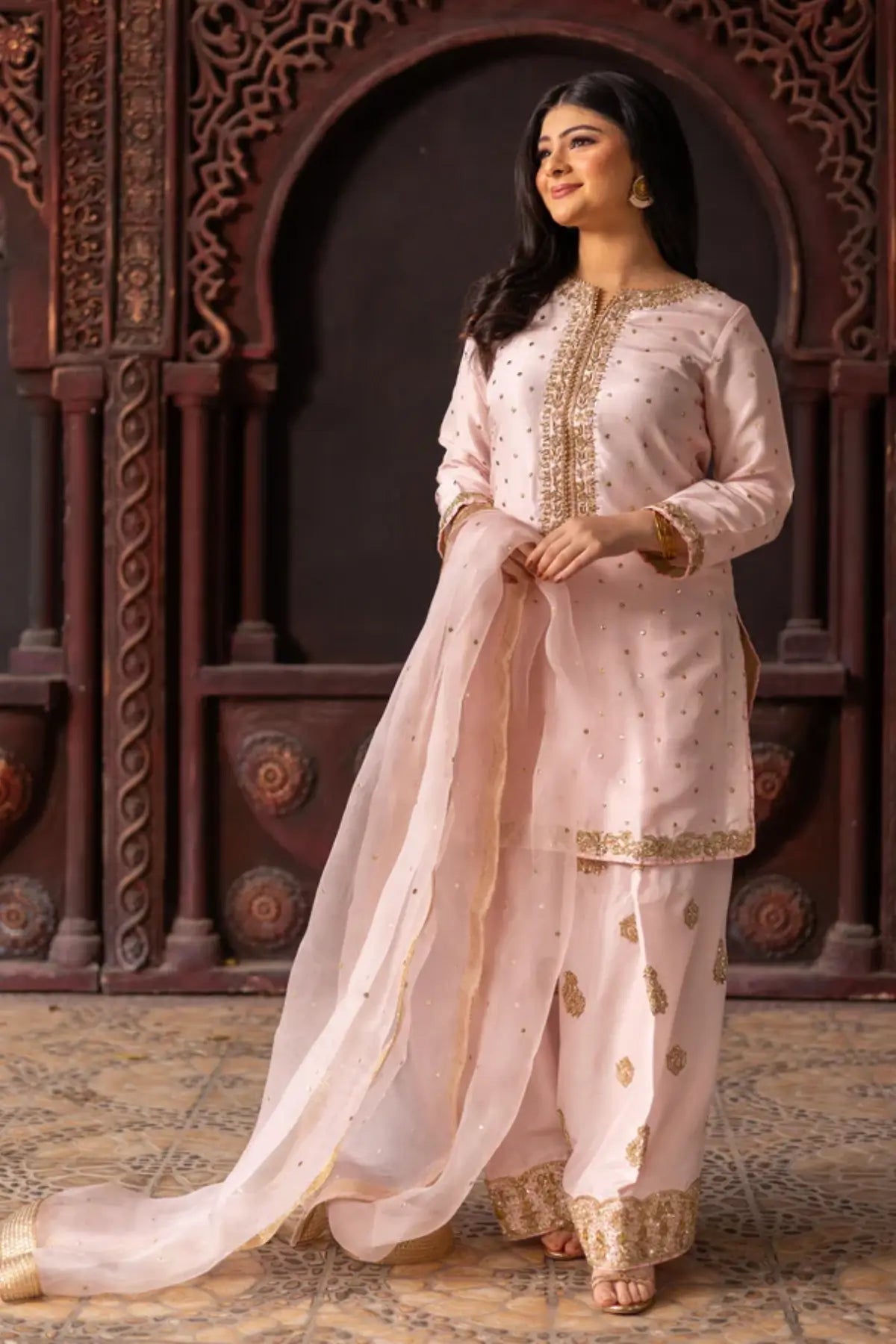 Afreen- Traditional Pink and Gold Farshi Shalwar Suit