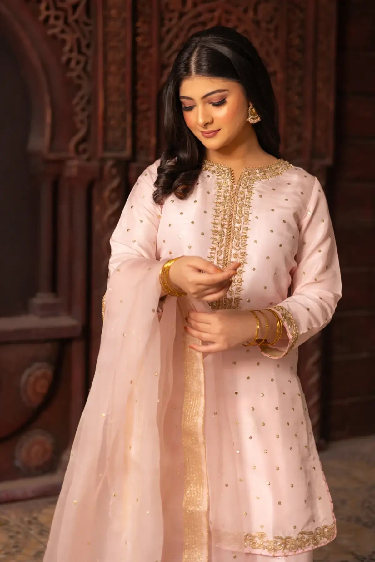 Afreen- Traditional Pink and Gold Farshi Shalwar Suit