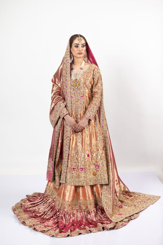 Afsheen Peach Gold & Magenta Pink Tissue Silk Pishwas with Jamawar Gharara and Tissue Dupatta