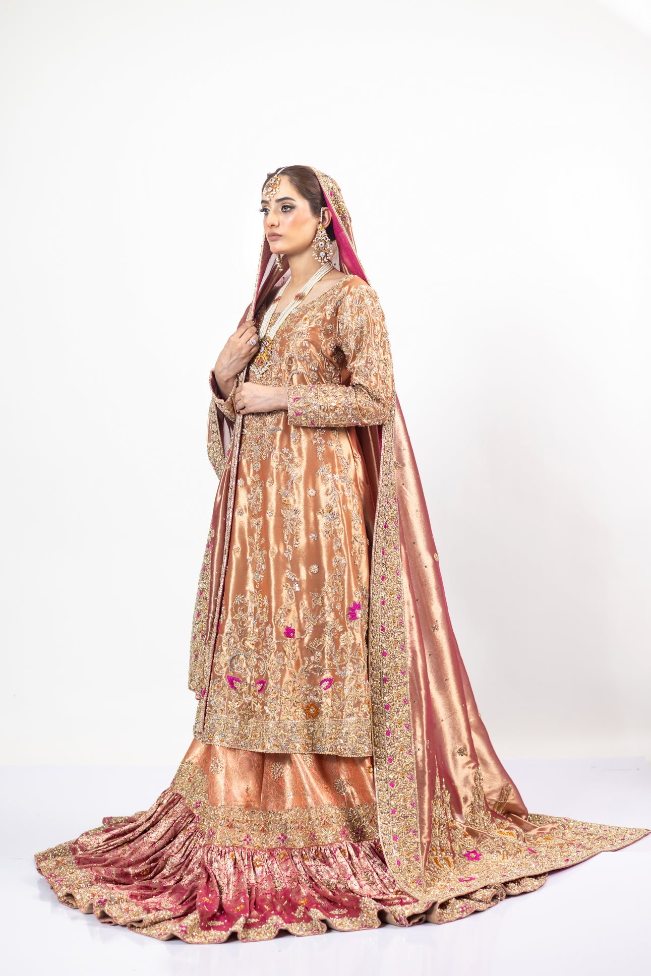 Afsheen Peach Gold & Magenta Pink Tissue Silk Pishwas with Jamawar Gharara and Tissue Dupatta