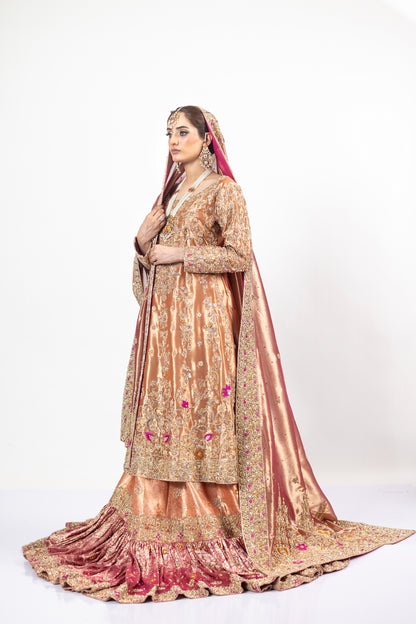 Afsheen Peach Gold & Magenta Pink Tissue Silk Pishwas with Jamawar Gharara and Tissue Dupatta