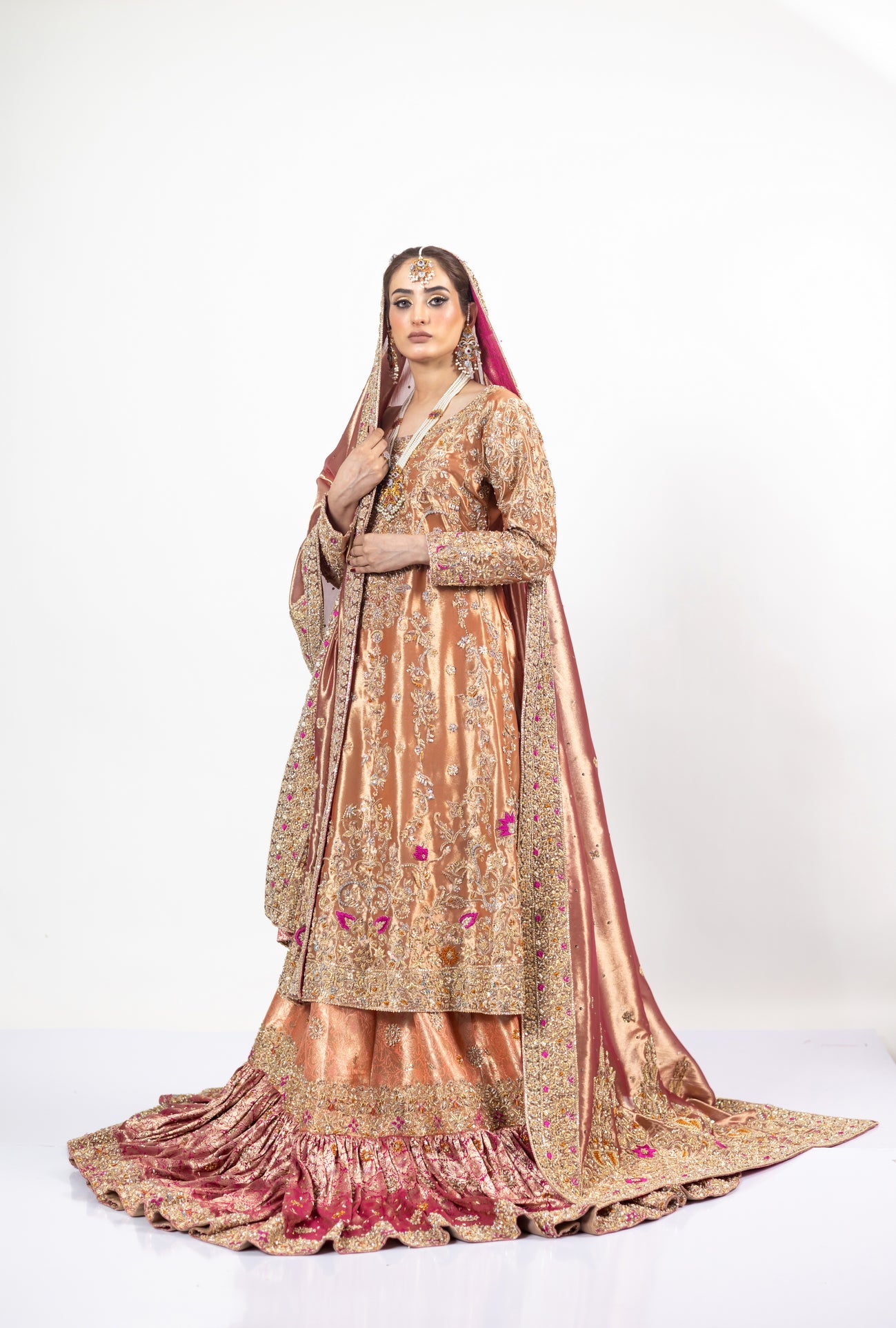 Afsheen Peach Gold & Magenta Pink Tissue Silk Pishwas with Jamawar Gharara and Tissue Dupatta