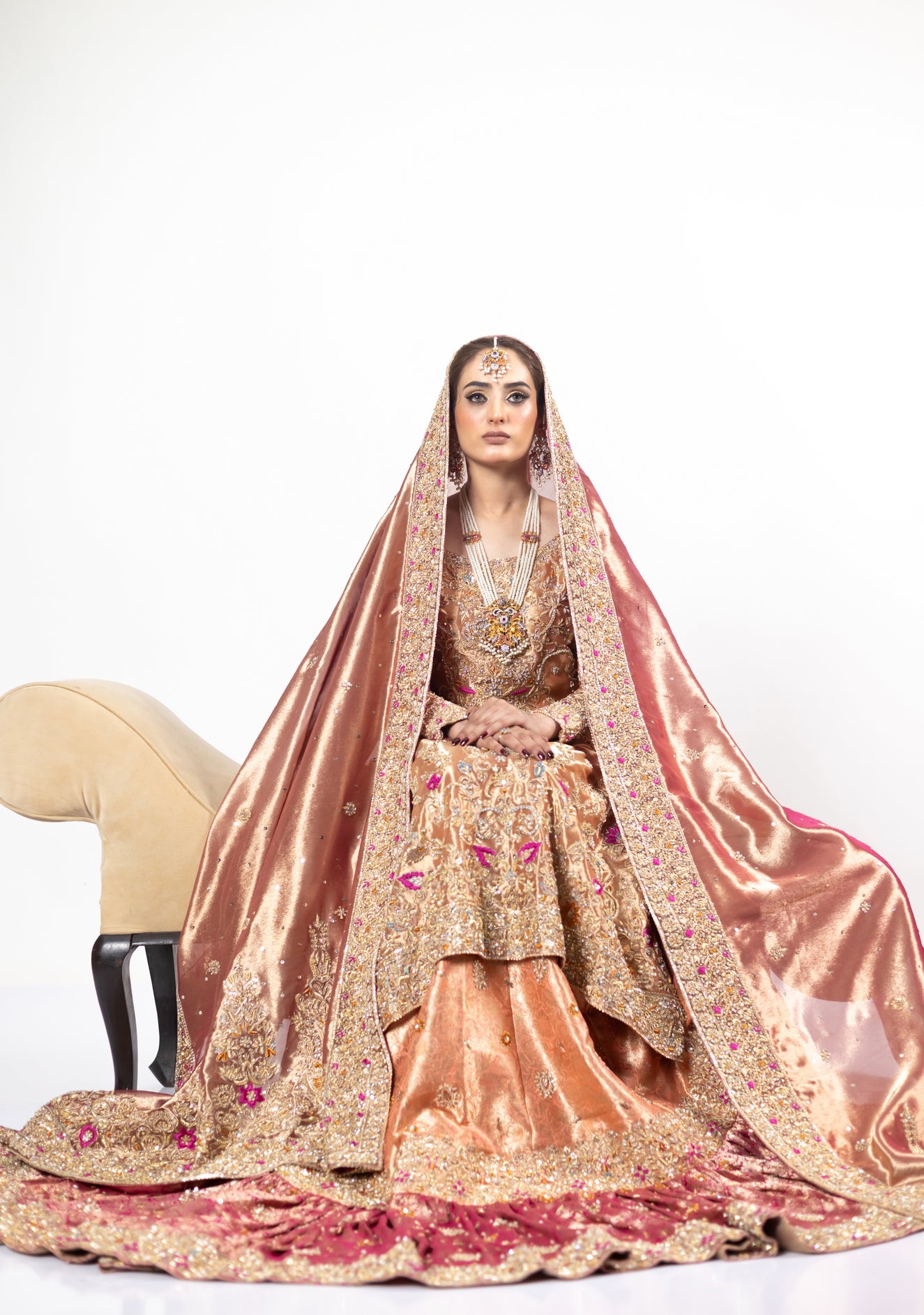 Afsheen Peach Gold & Magenta Pink Tissue Silk Pishwas with Jamawar Gharara and Tissue Dupatta