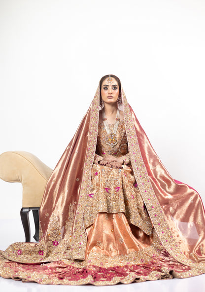 Afsheen Peach Gold & Magenta Pink Tissue Silk Pishwas with Jamawar Gharara and Tissue Dupatta