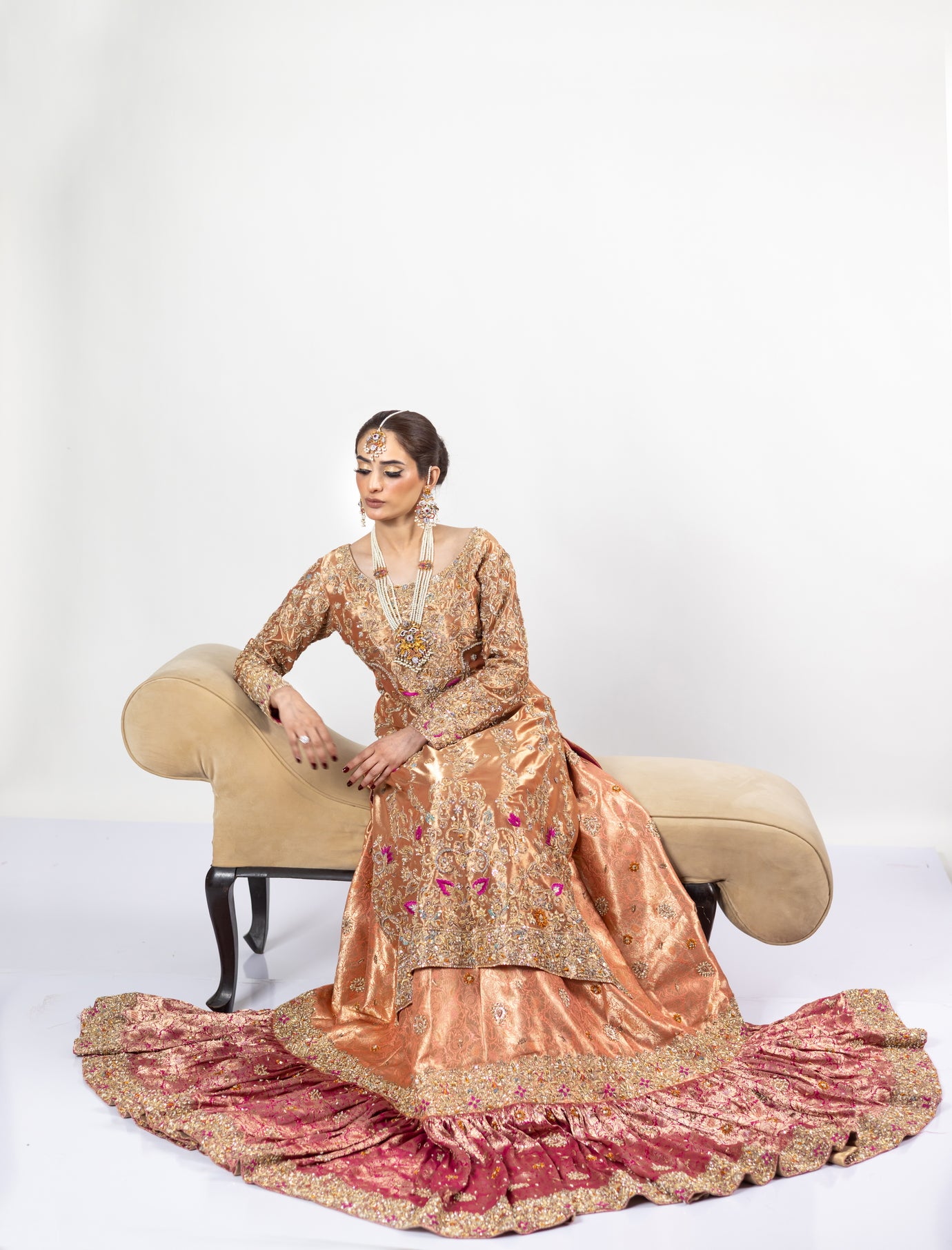  Afsheen Peach Gold & Magenta Pink Tissue Silk Pishwas with Jamawar Gharara and Tissue Dupatta