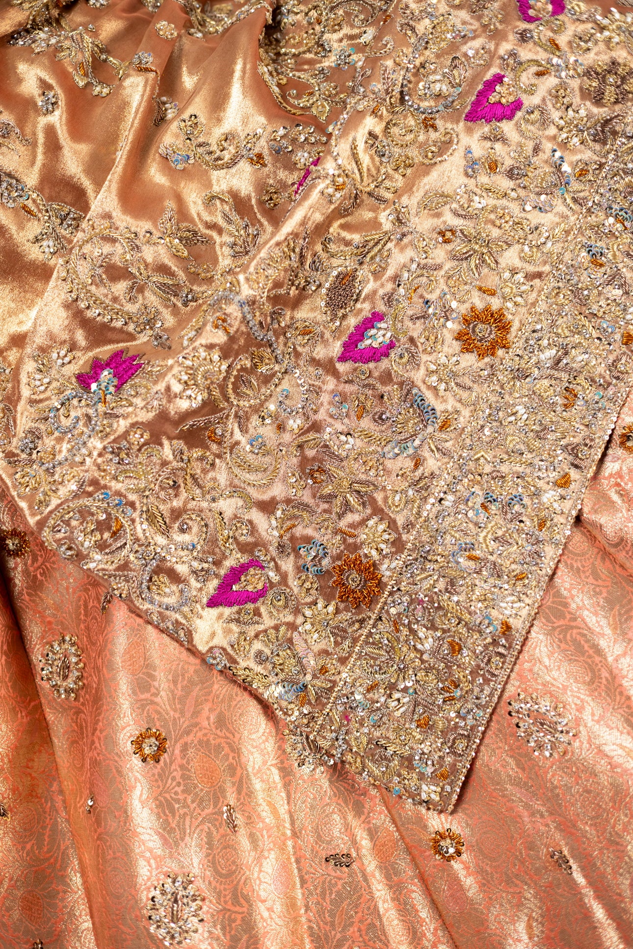 Afsheen Peach Gold & Magenta Pink Tissue Silk Pishwas with Jamawar Gharara and Tissue Dupatta