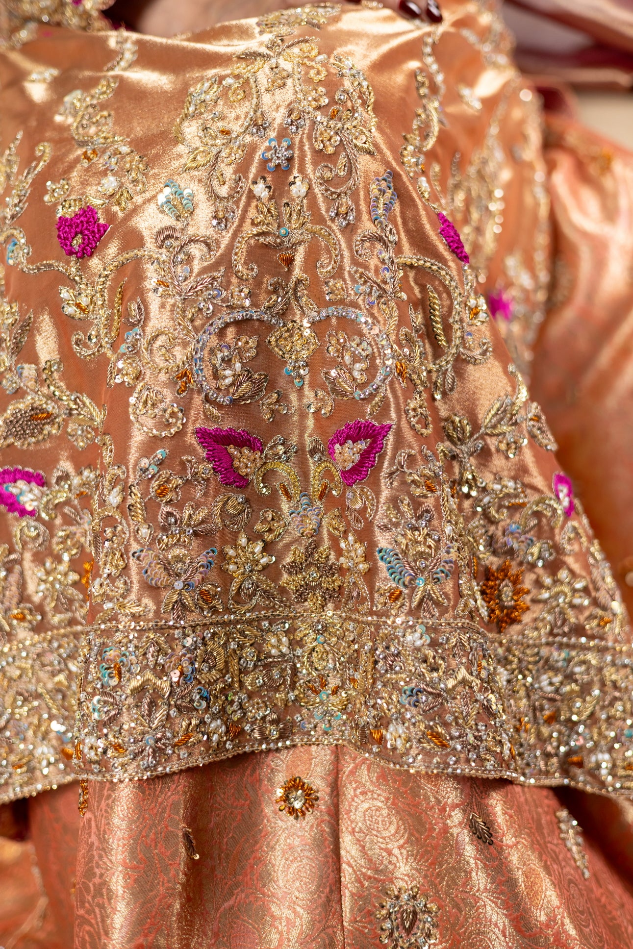 Afsheen Peach Gold & Magenta Pink Tissue Silk Pishwas with Jamawar Gharara and Tissue Dupatta