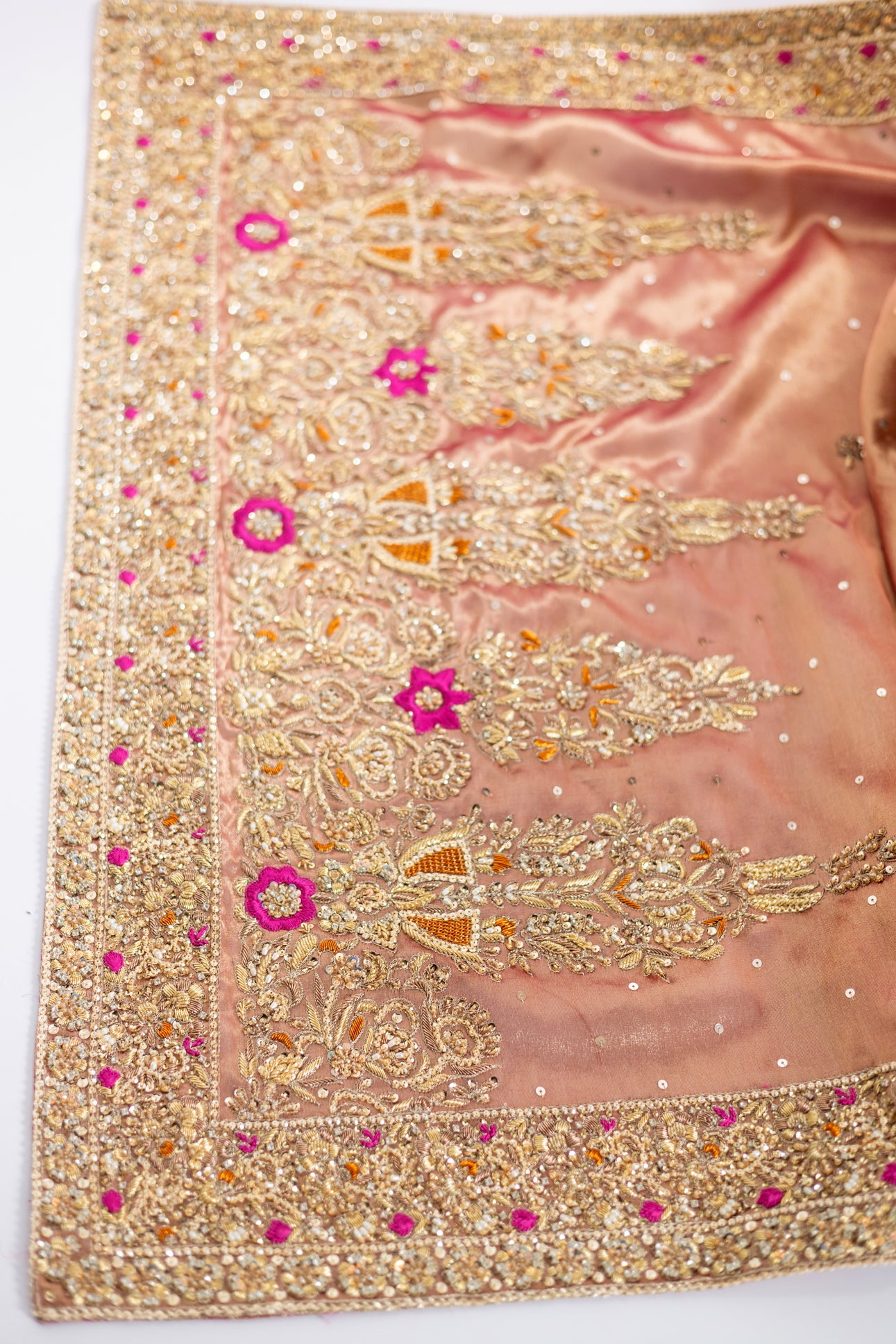 Afsheen Peach Gold & Magenta Pink Tissue Silk Pishwas with Jamawar Gharara and Tissue Dupatta