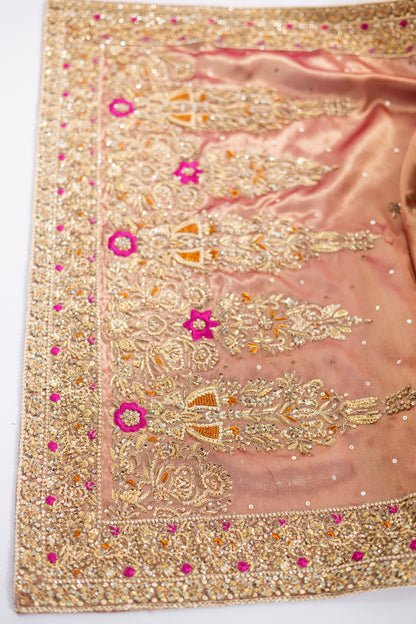 Afsheen Peach Gold & Magenta Pink Tissue Silk Pishwas with Jamawar Gharara and Tissue Dupatta