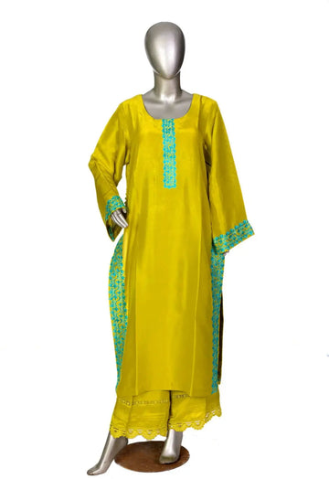 Aina-Radiant Lime Green Raw Silk Embroidered shirt with Culotte