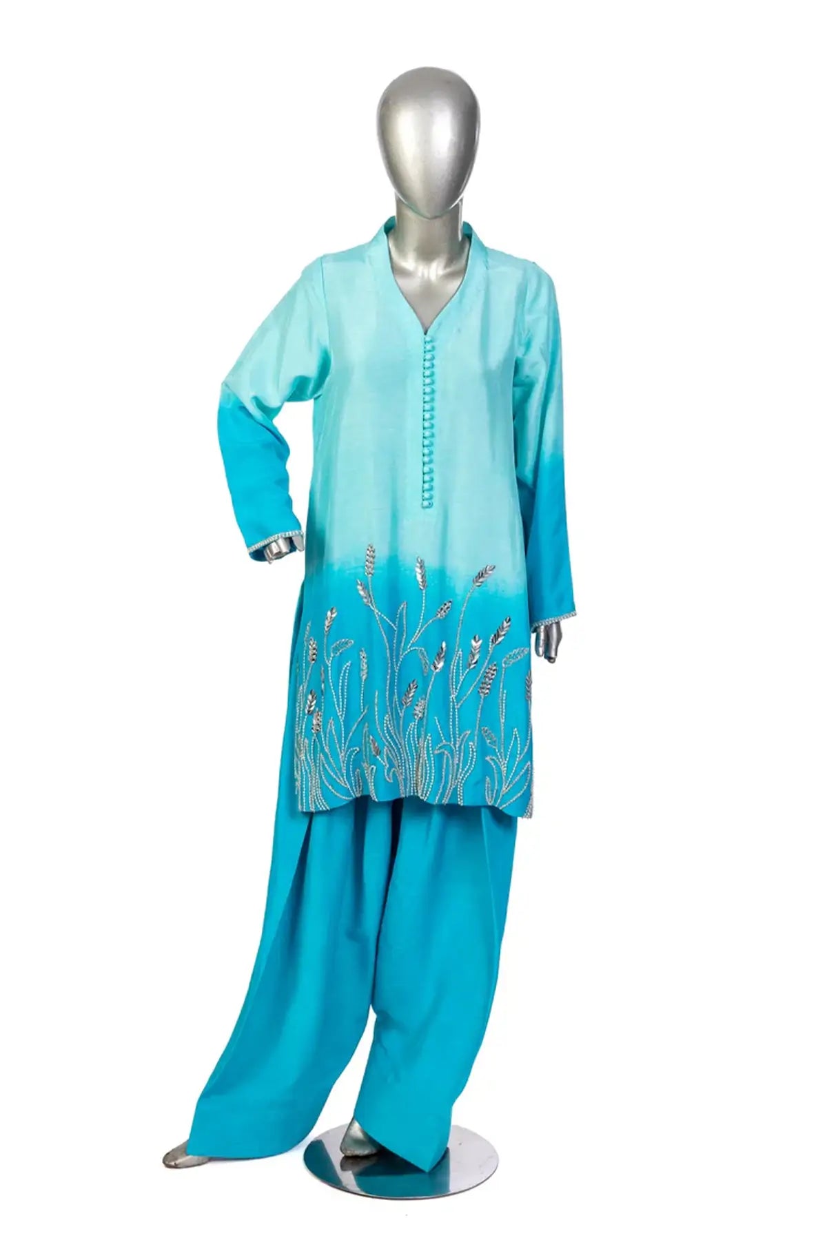 Aira- Festive Blue Korean Silk Shirt and Farshi Shalwar Dress Online