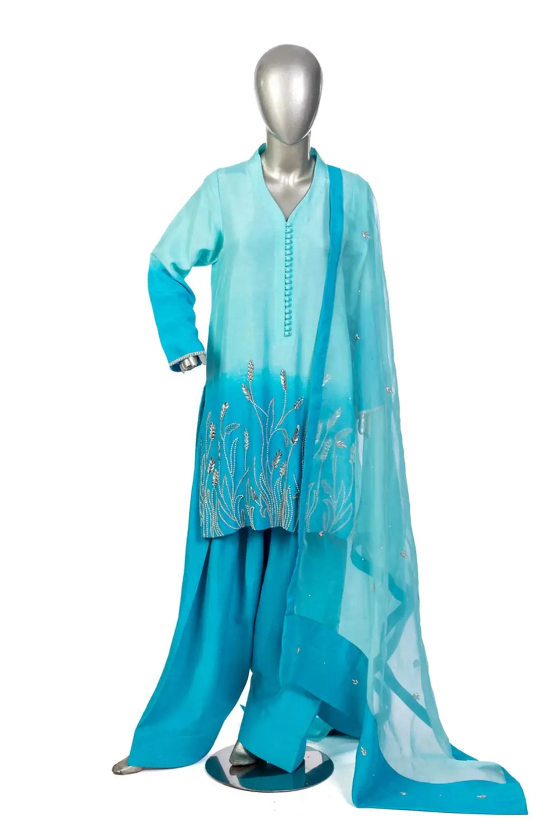 Aira- Festive Blue Korean Silk Shirt and Farshi Shalwar Dress Online