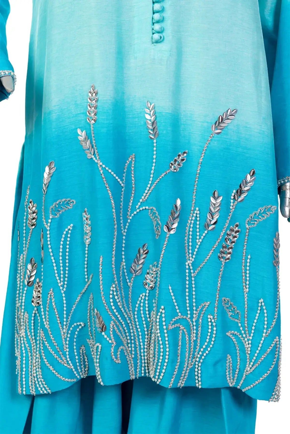 Aira- Festive Blue Korean Silk Shirt and Farshi Shalwar Dress Online