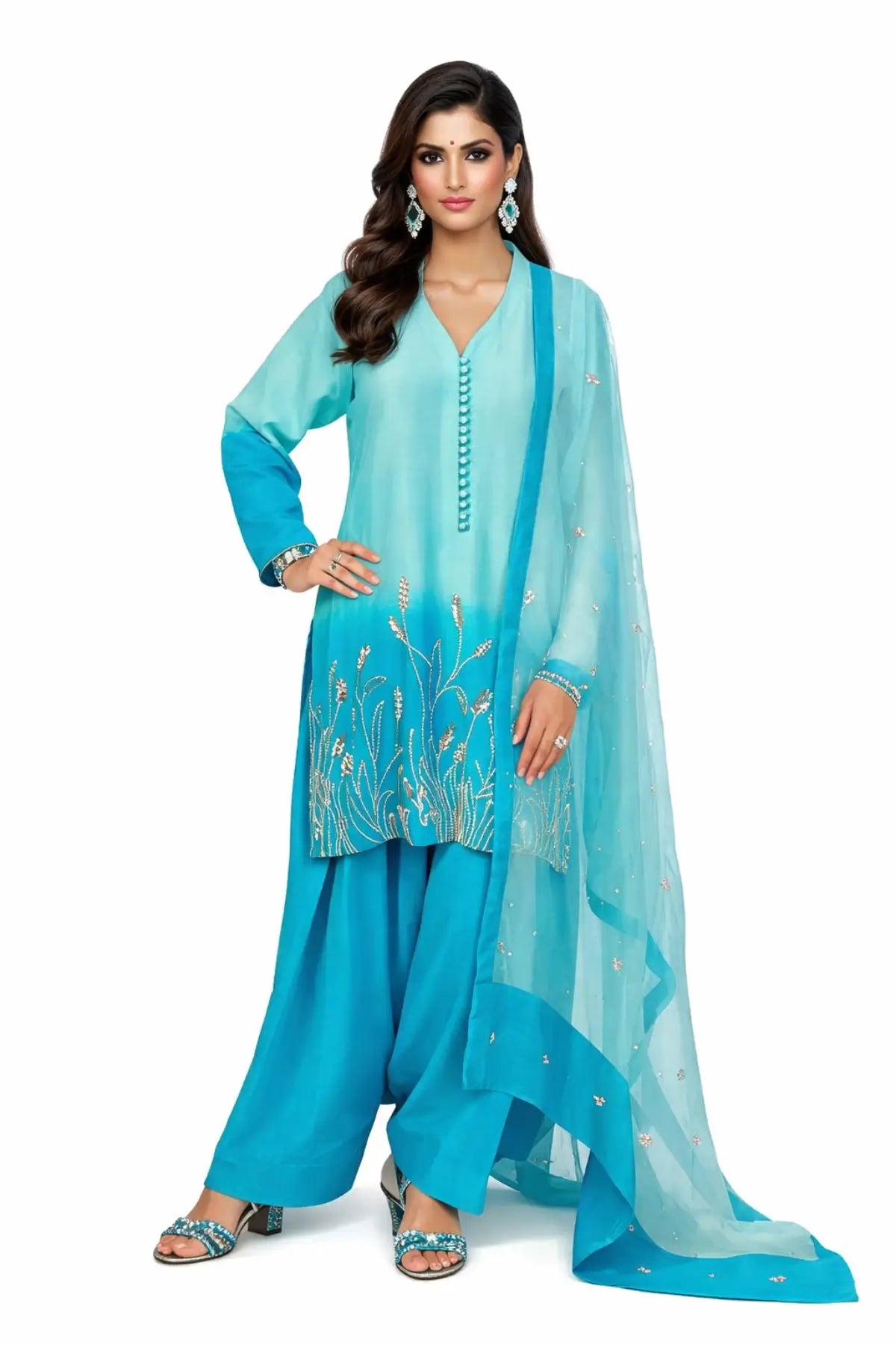 Aira- Festive Blue Korean Silk Shirt and Farshi Shalwar Dress Online