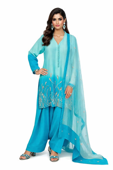 Aira- Festive Blue Korean Silk Shirt and Farshi Shalwar Dress Online