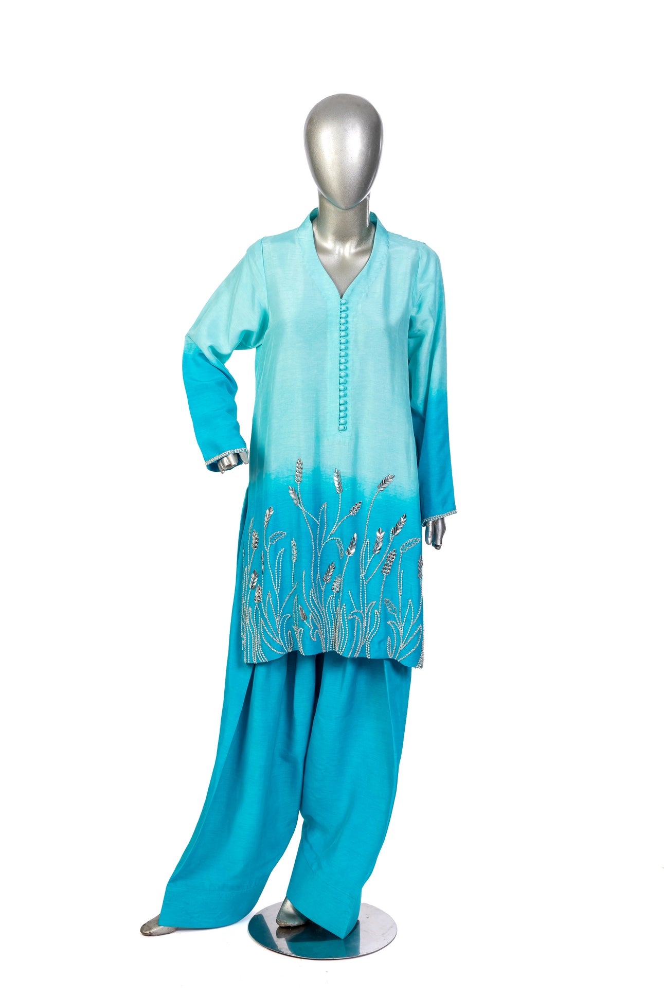 Aira – Festive Blue Korean Silk suit with hand embroidery, farshi shalwar & organza dupatta by MariamRaj. Perfect festive & wedding wear.