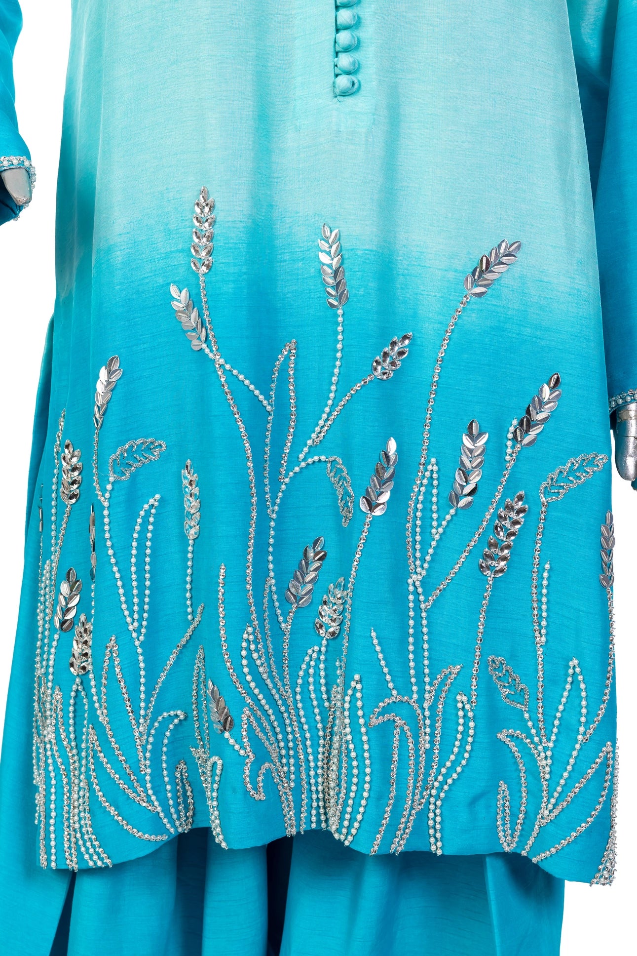 Aira – Festive Blue Korean Silk suit with hand embroidery, farshi shalwar & organza dupatta by MariamRaj. Perfect festive & wedding wear.