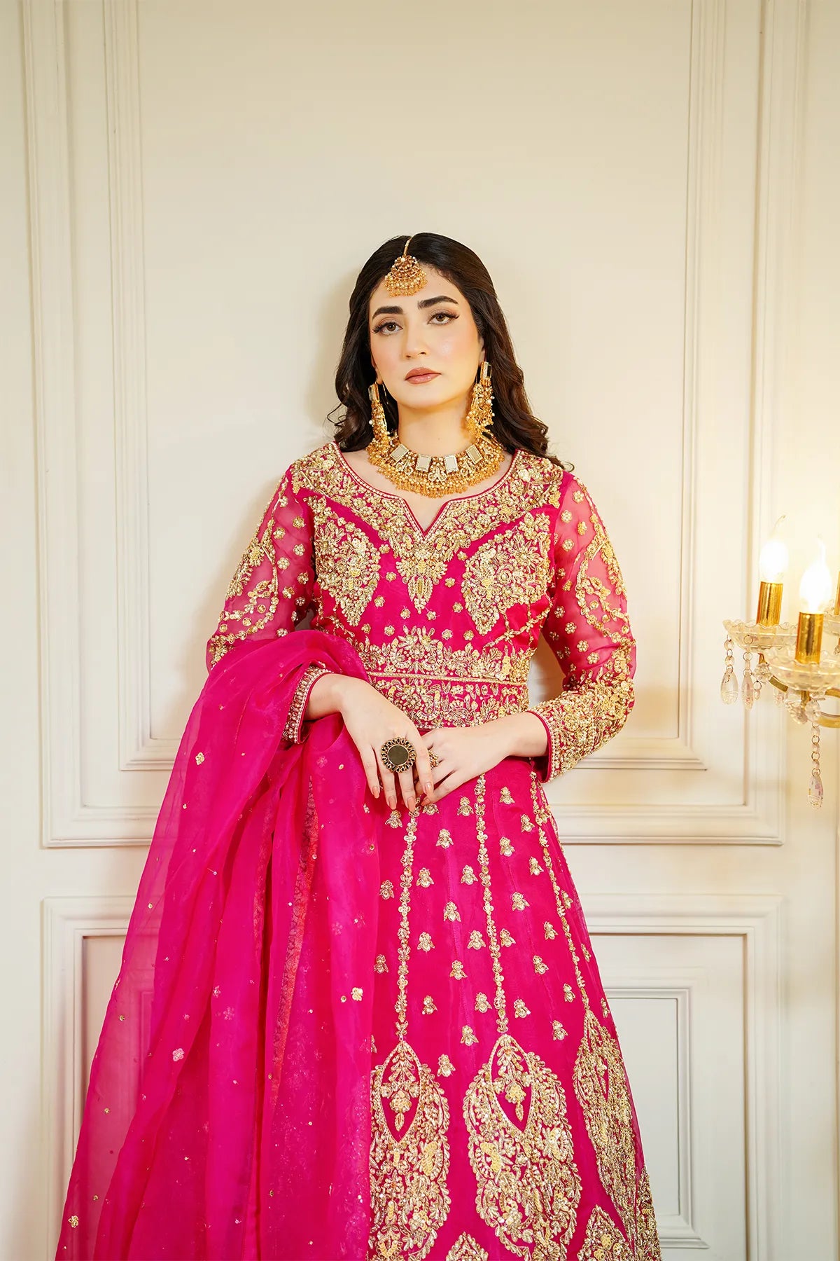 Hot pink embellished bridal lehenga choli 3PC with organza dupatta for wedding wear