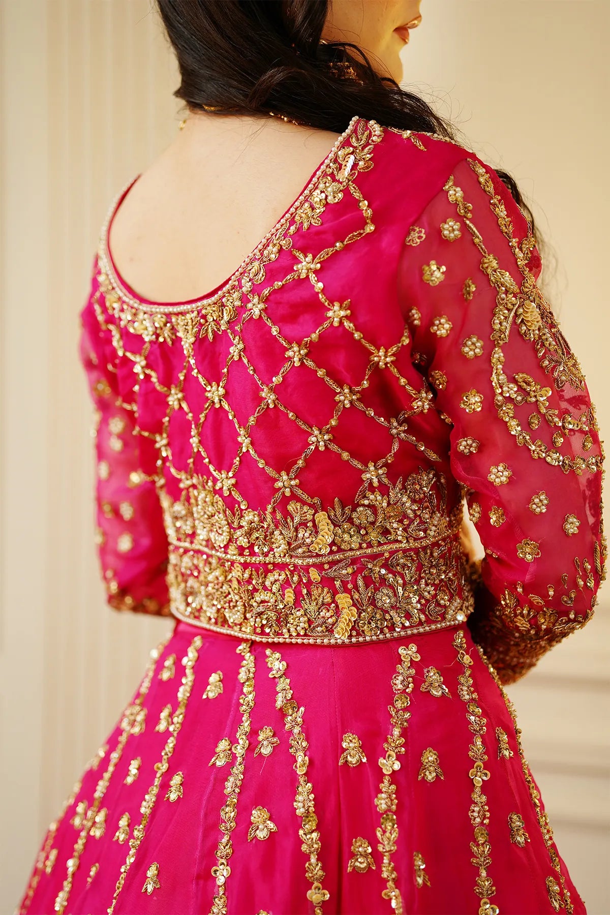 Hot pink embellished bridal lehenga choli 3PC with organza dupatta for wedding wear
