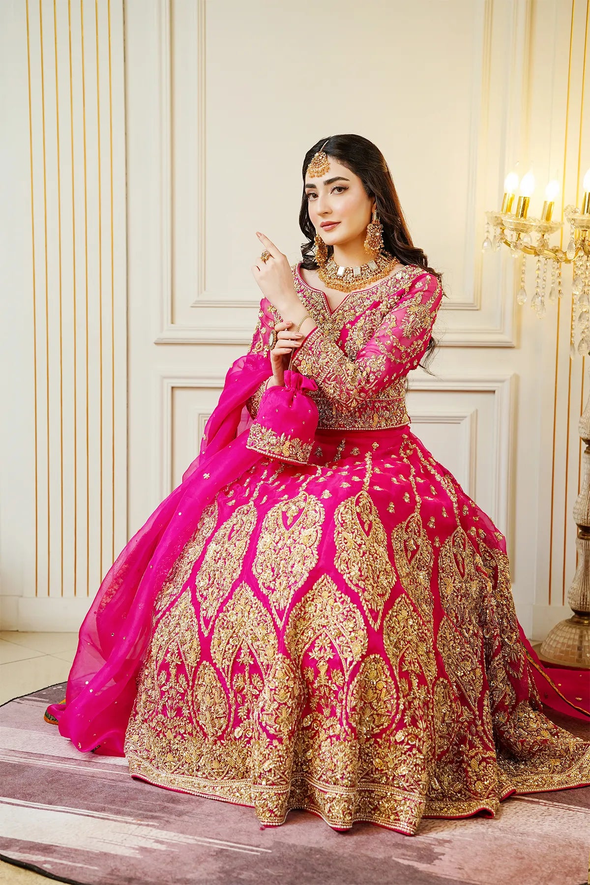 Hot pink embellished bridal lehenga choli 3PC with organza dupatta for wedding wear