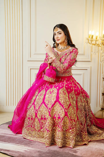 Hot pink embellished bridal lehenga choli 3PC with organza dupatta for wedding wear