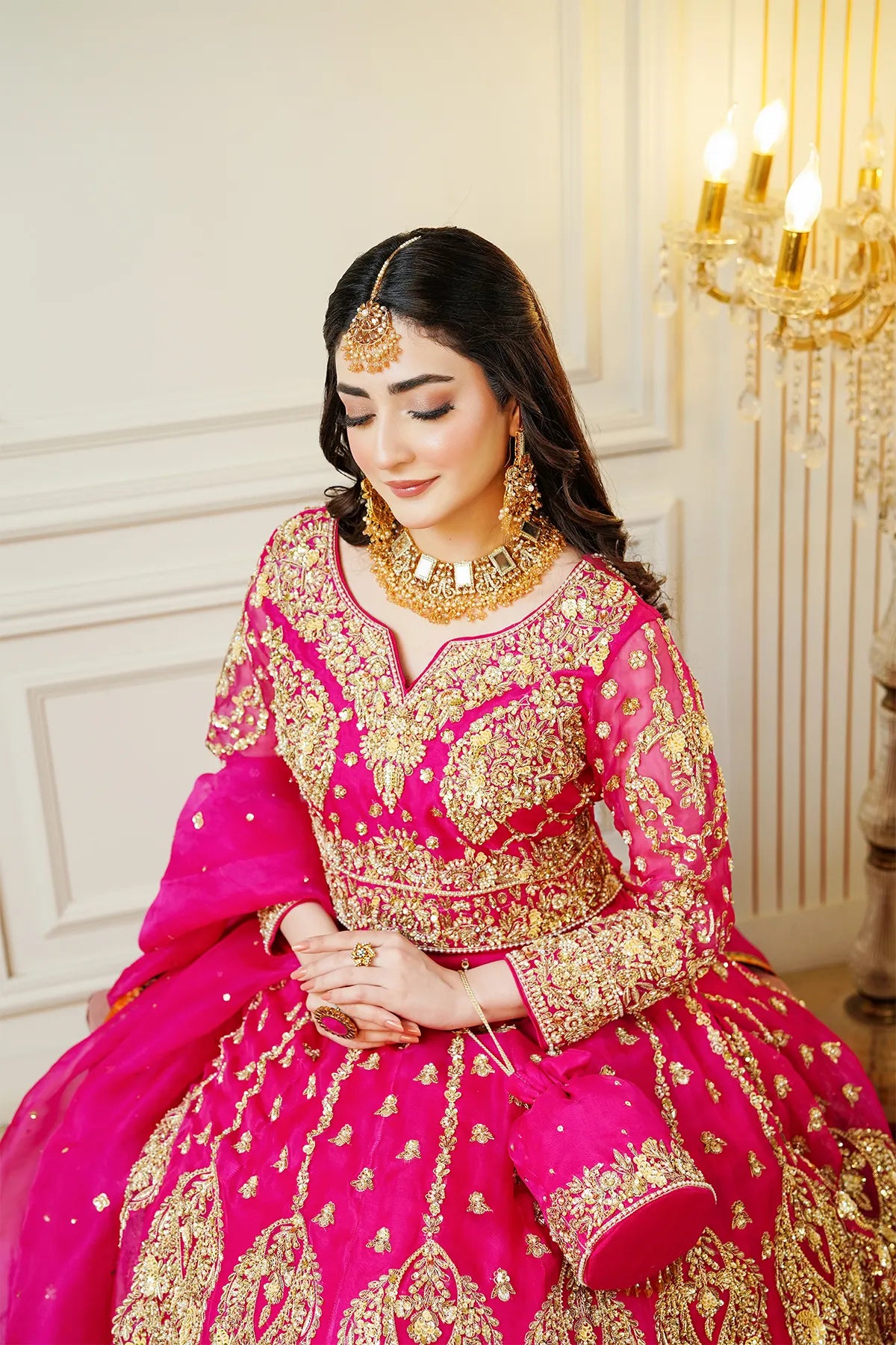 Hot pink embellished bridal lehenga choli 3PC with organza dupatta for wedding wear