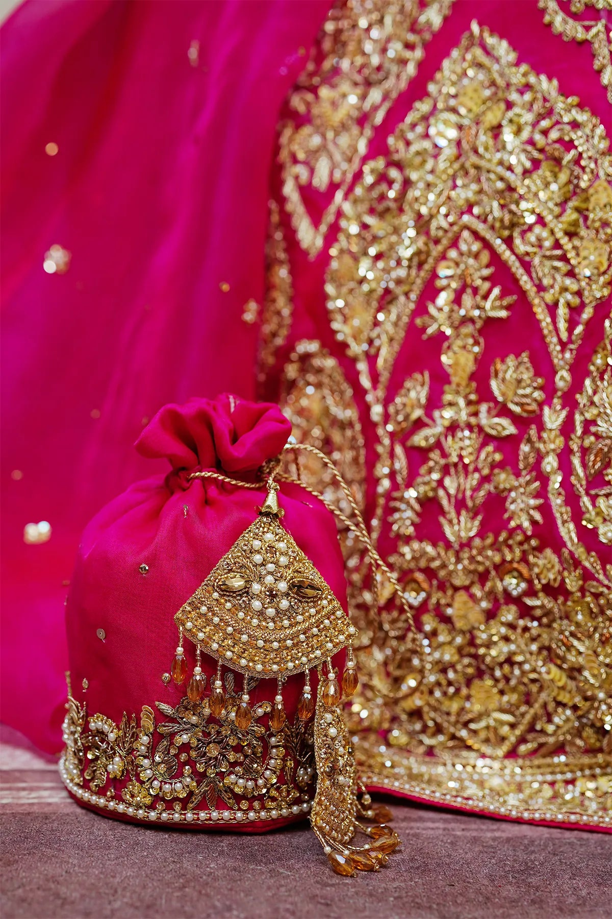 Hot pink embellished bridal lehenga choli 3PC with organza dupatta for wedding wear