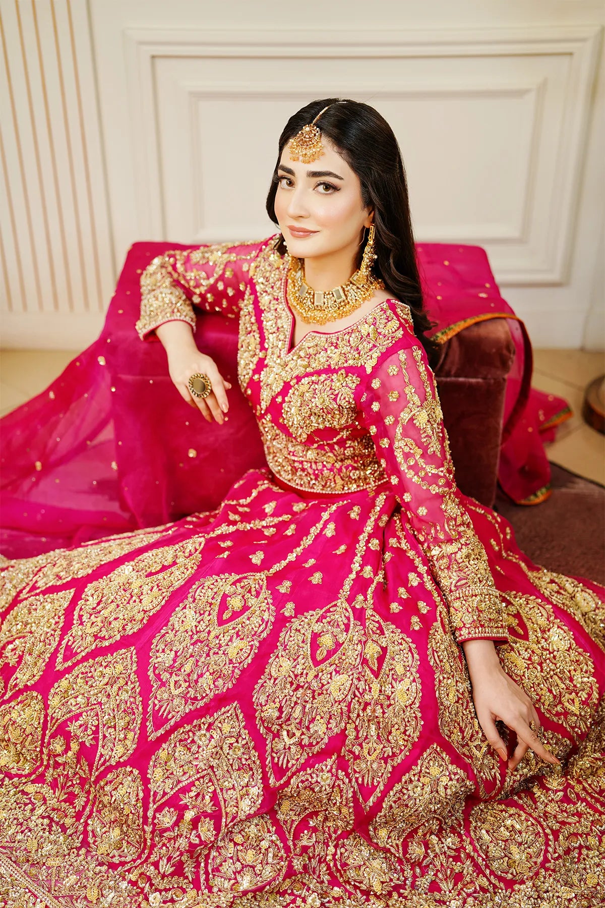 Hot pink embellished bridal lehenga choli 3PC with organza dupatta for wedding wear