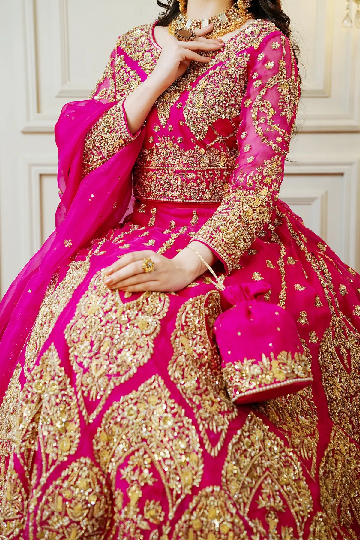 Hot pink embellished bridal lehenga choli 3PC with organza dupatta for wedding wear
