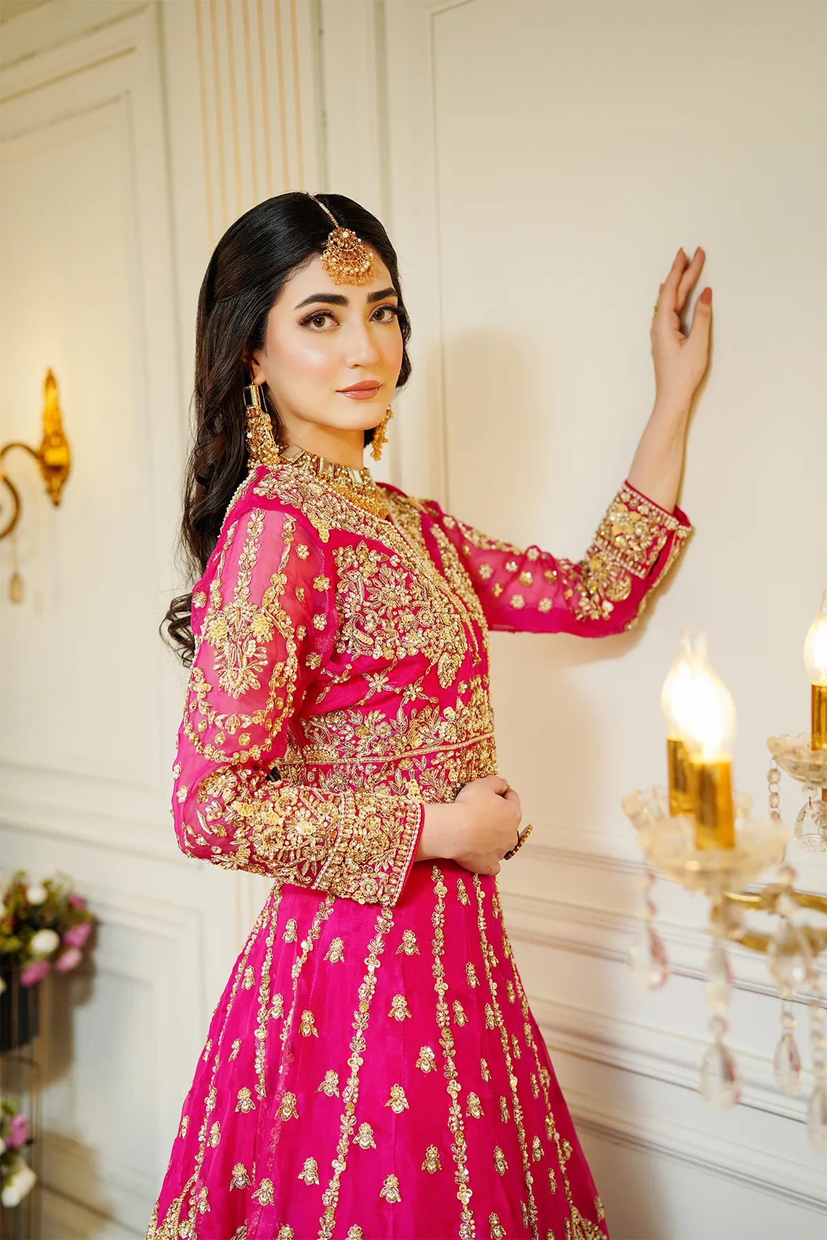 Hot pink embellished bridal lehenga choli 3PC with organza dupatta for wedding wear